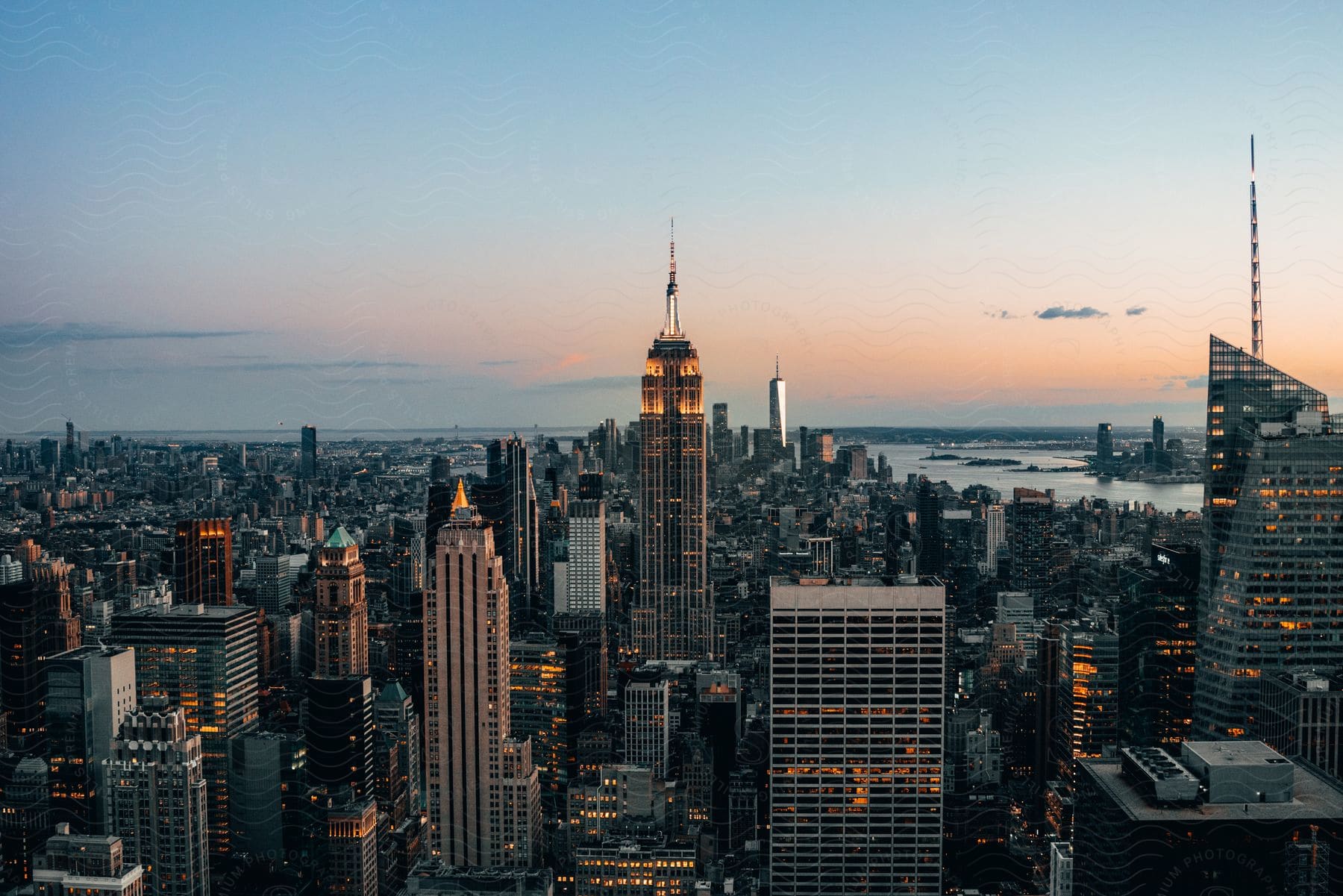 Skyscrapers and high rise buildings at dusk in the city