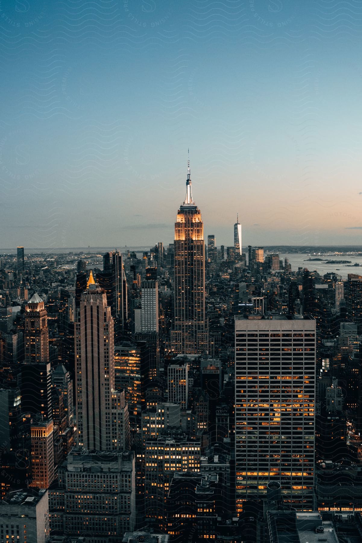 Aerial city skyline at sunset