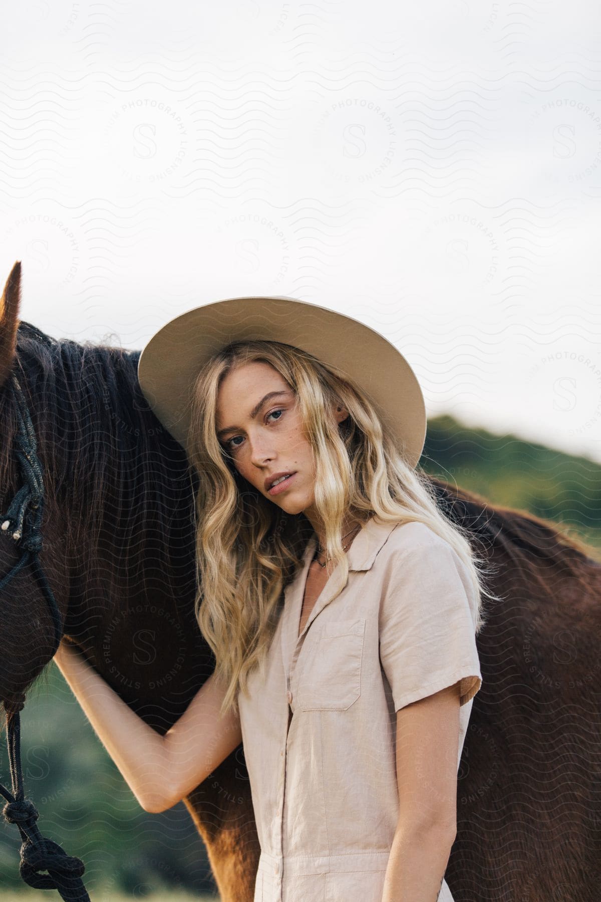 Blonde woman in sun hat and beige shirt poses next to dark horse in malibu mountains