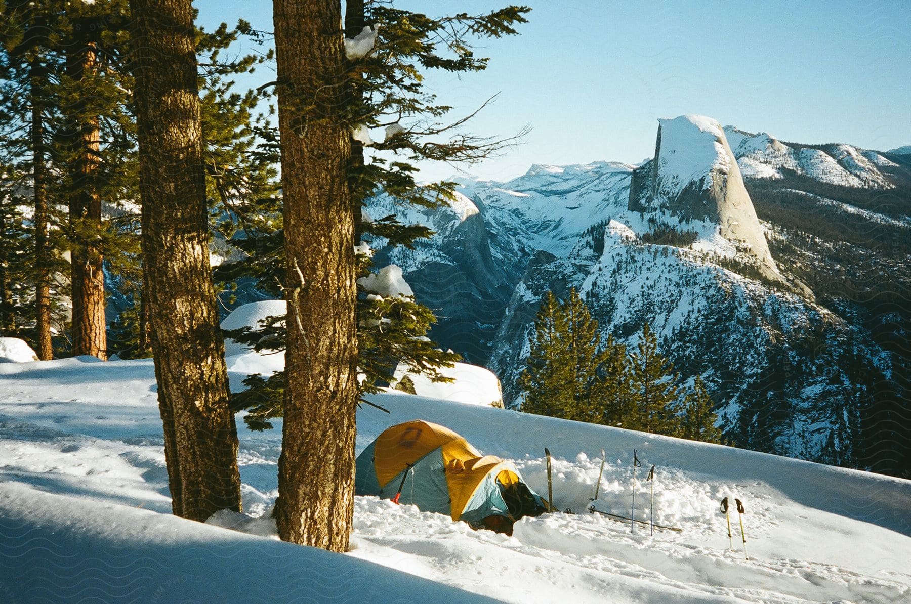 Snowcovered forest with mountains on the horizon and a camping tent