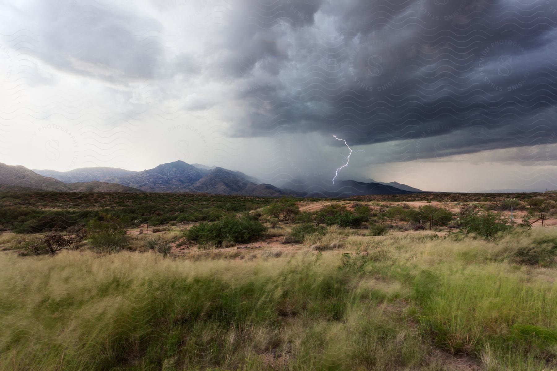 Lightning and rain falling from storm clouds over the mountains in the desert