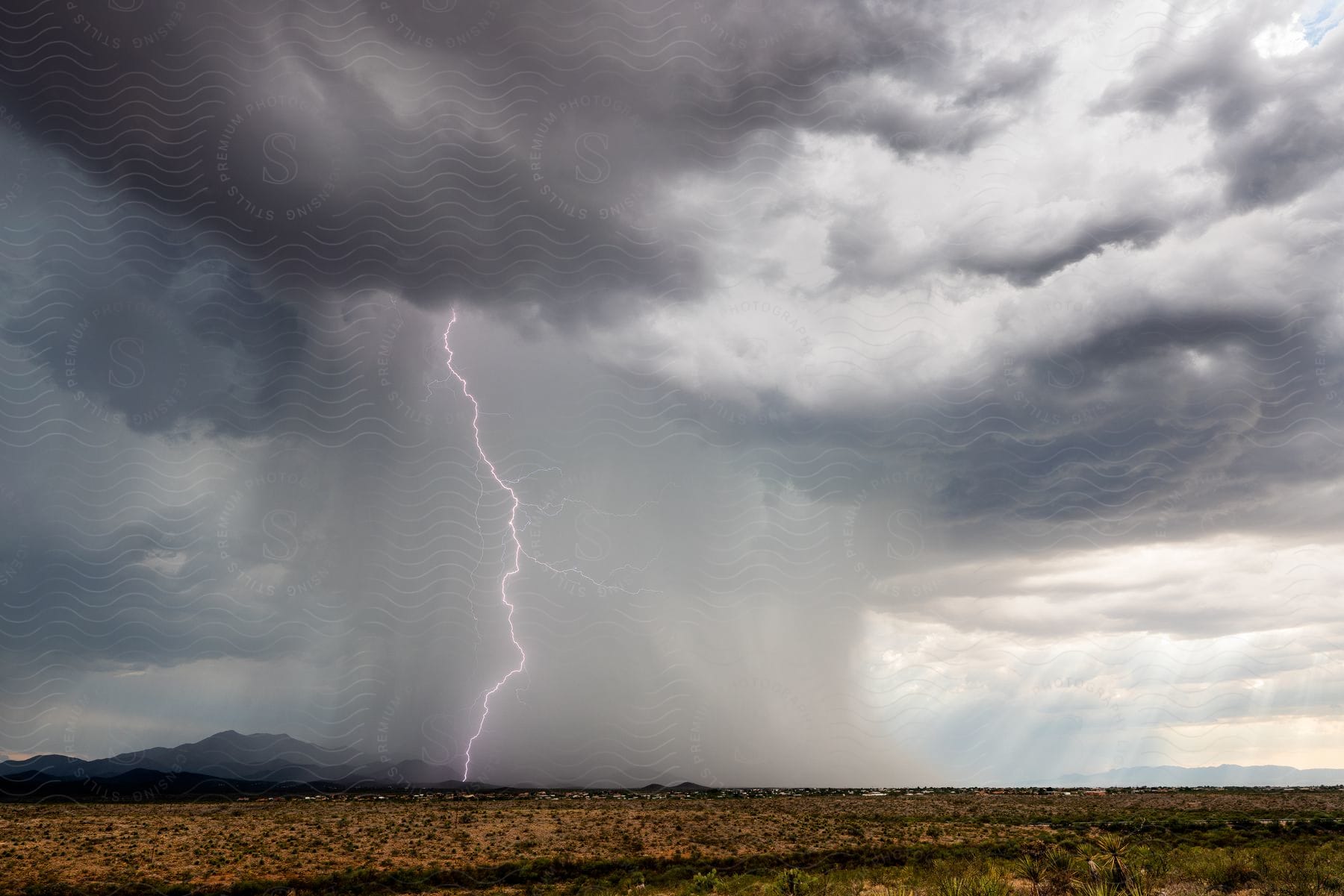 A lightning bolt emerges from a storm cloud raining on the desert with mountains in the distance