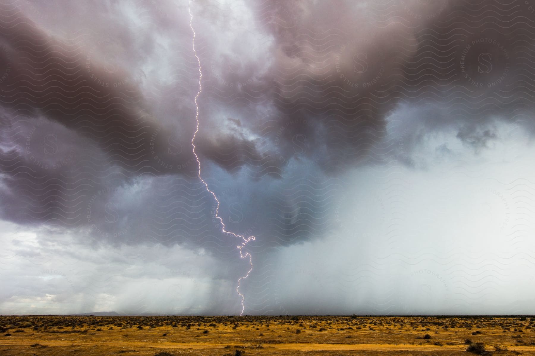 Lightning strikes the ground in the desert during a thunderstorm in arizona