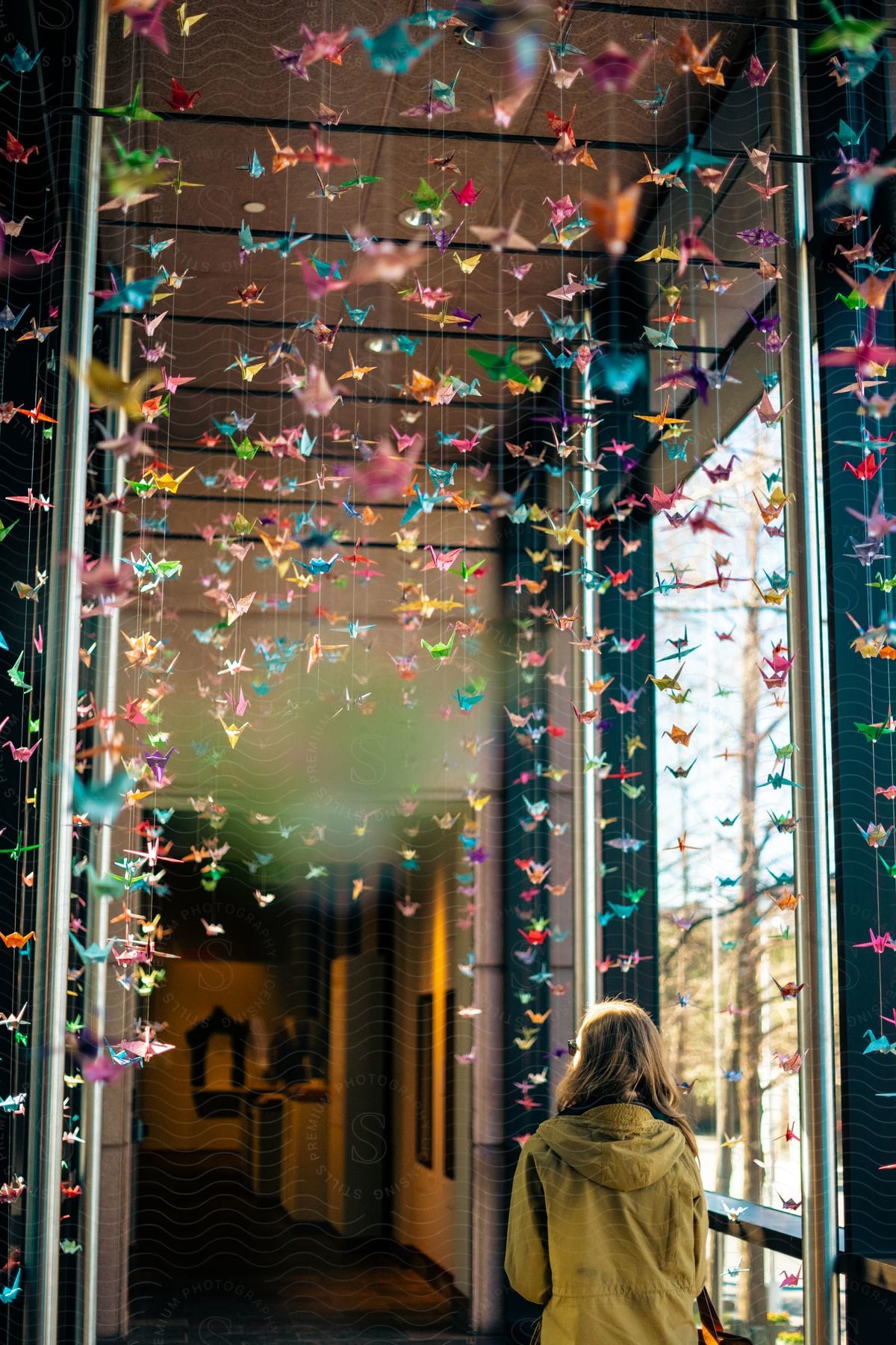 A woman looking at art hanging in a room