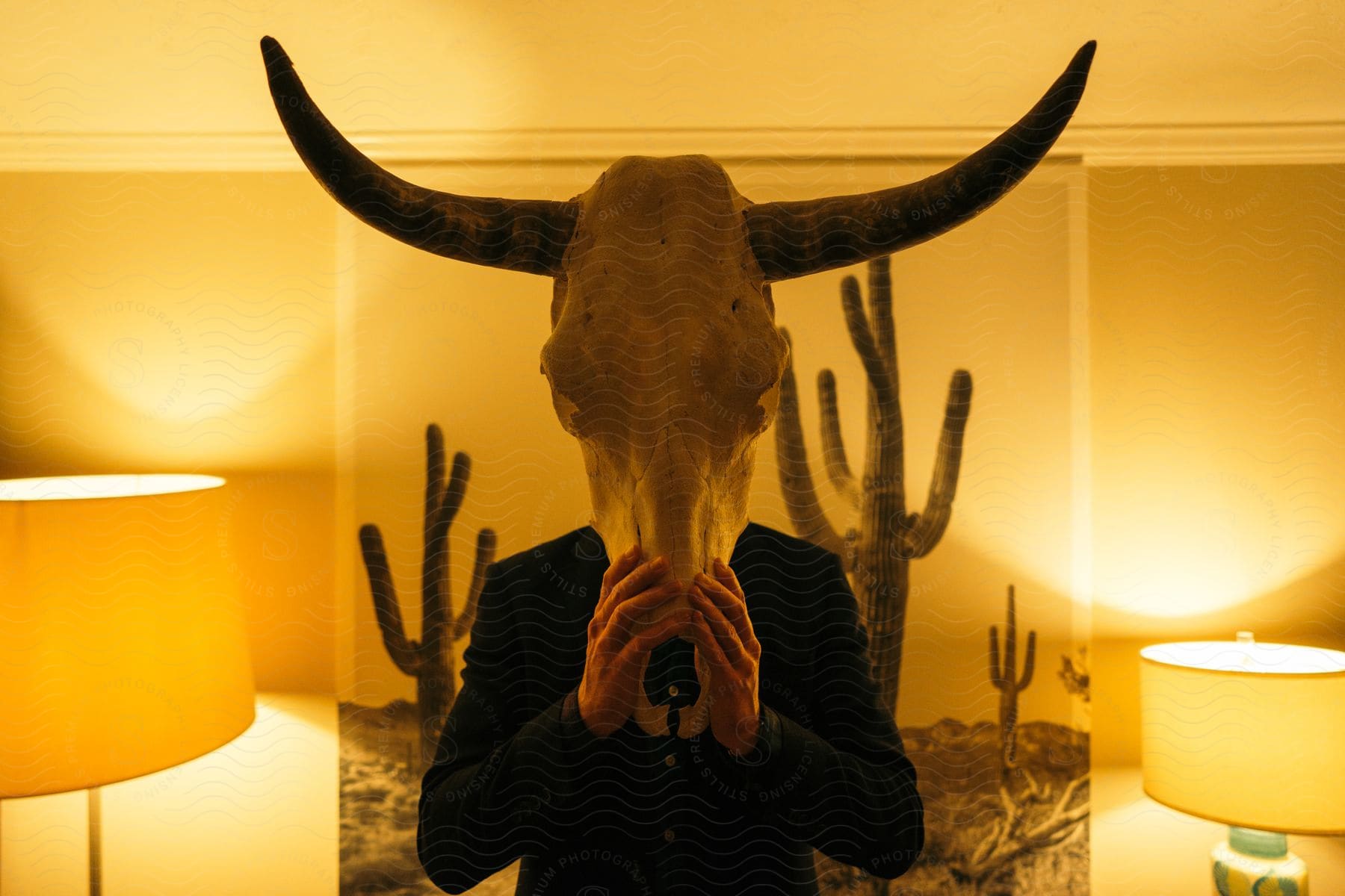 A man stands in front of two lamps with a cattle skull upon his head