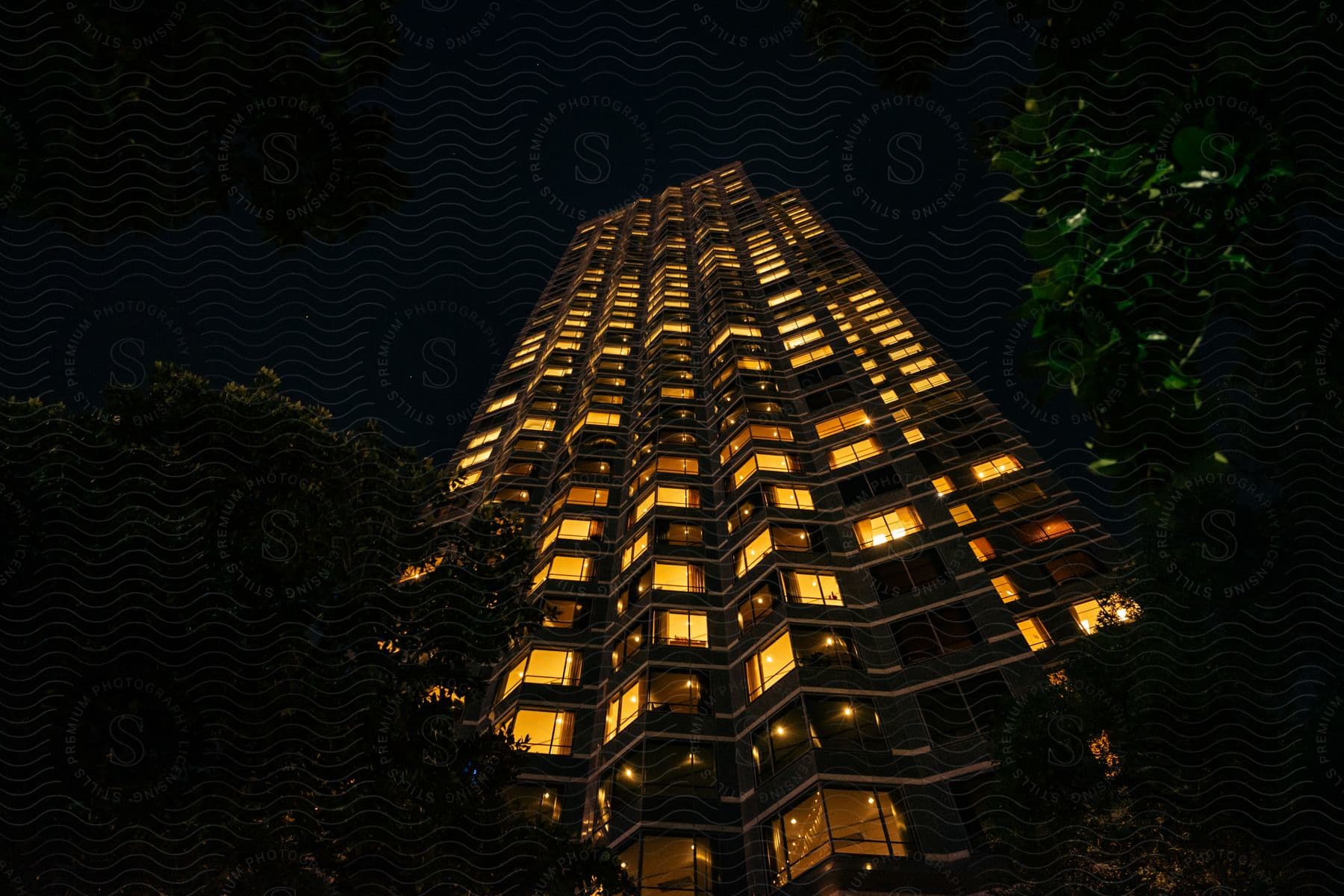 A nighttime view of a tower