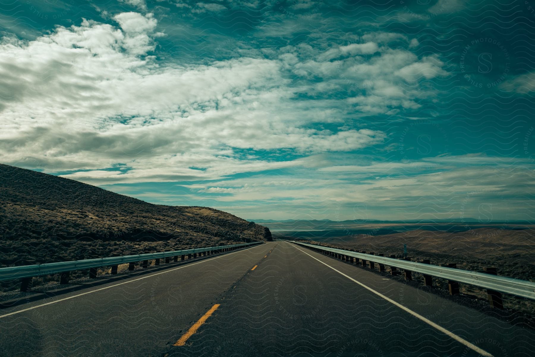 An empty road surrounded by plants and a cloudy sky