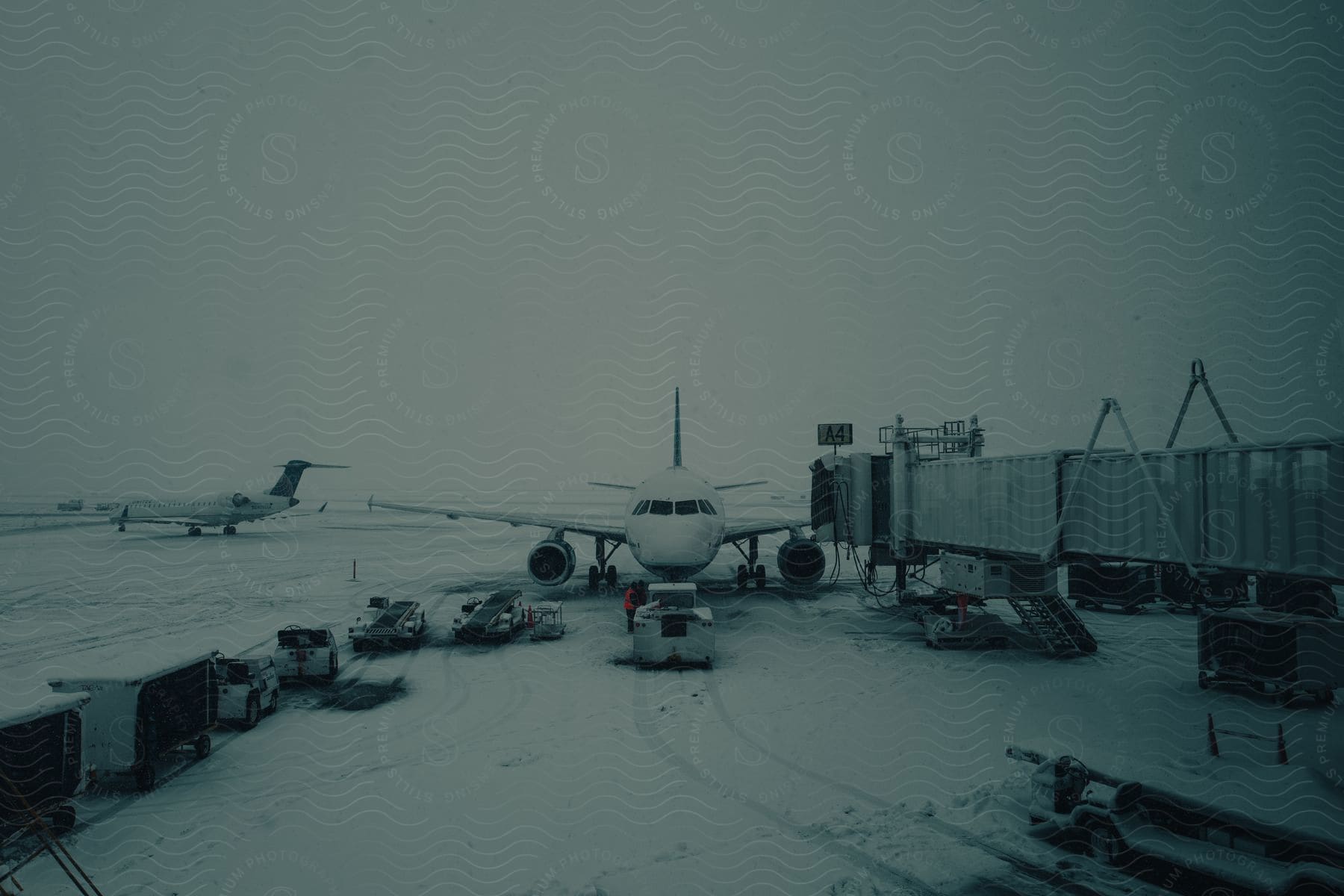 An airplane on the snowy runway at the airport