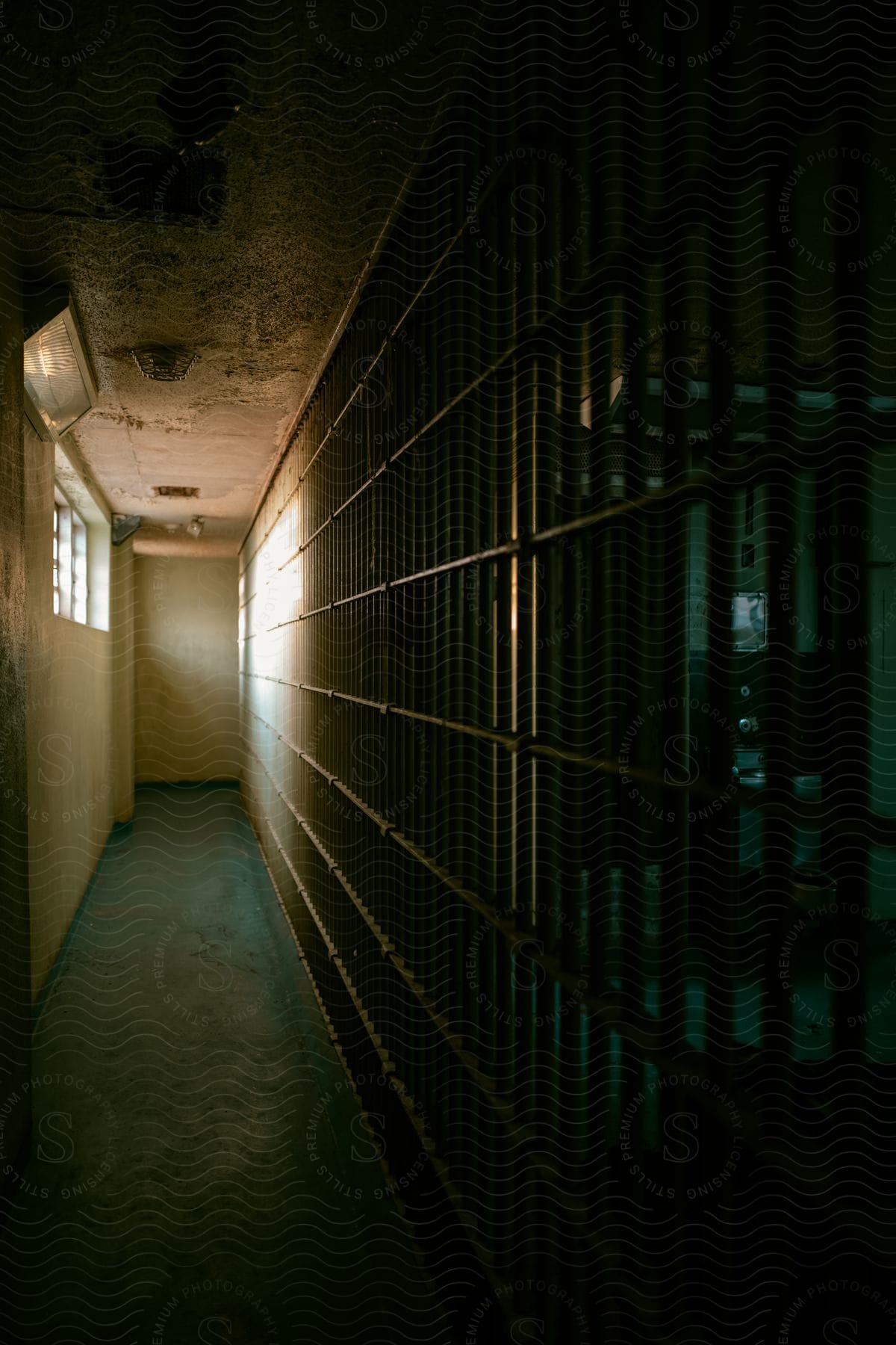 The hallway outside jail cells in a government building