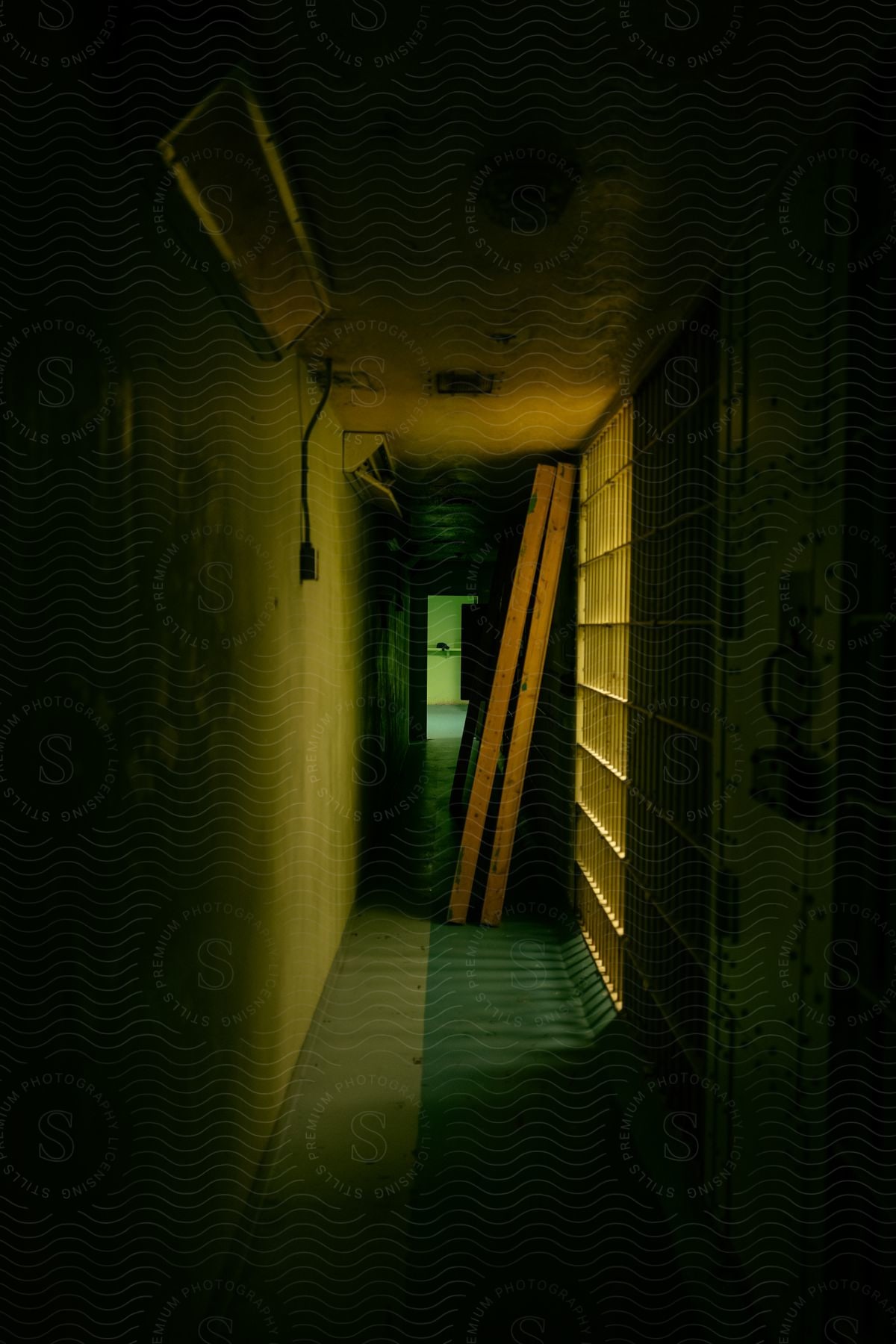 Interior of a building with dark corridor and lattice doors