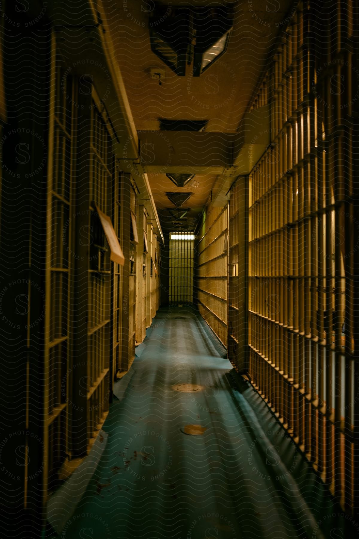 A jailhouse corridor with bars on the cells