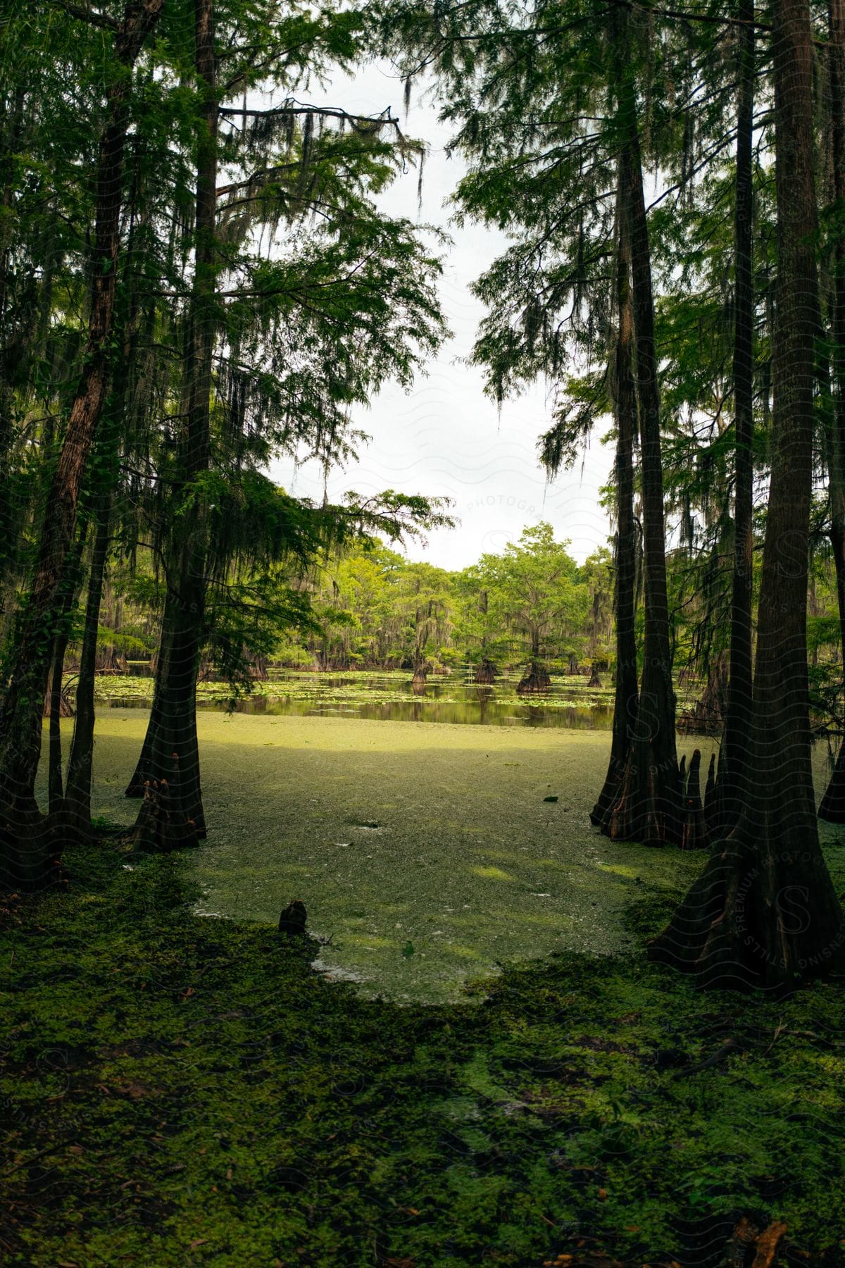 A small pond in a forest clearing surrounded by trees