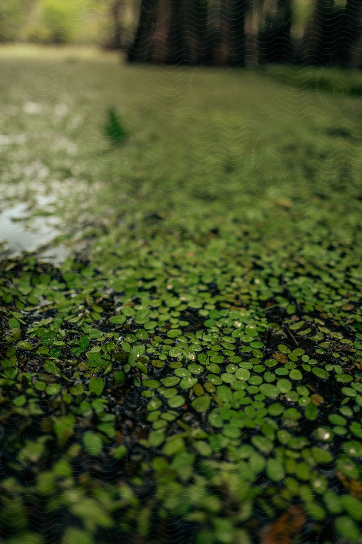 Leaves floating on a pond in a jungle