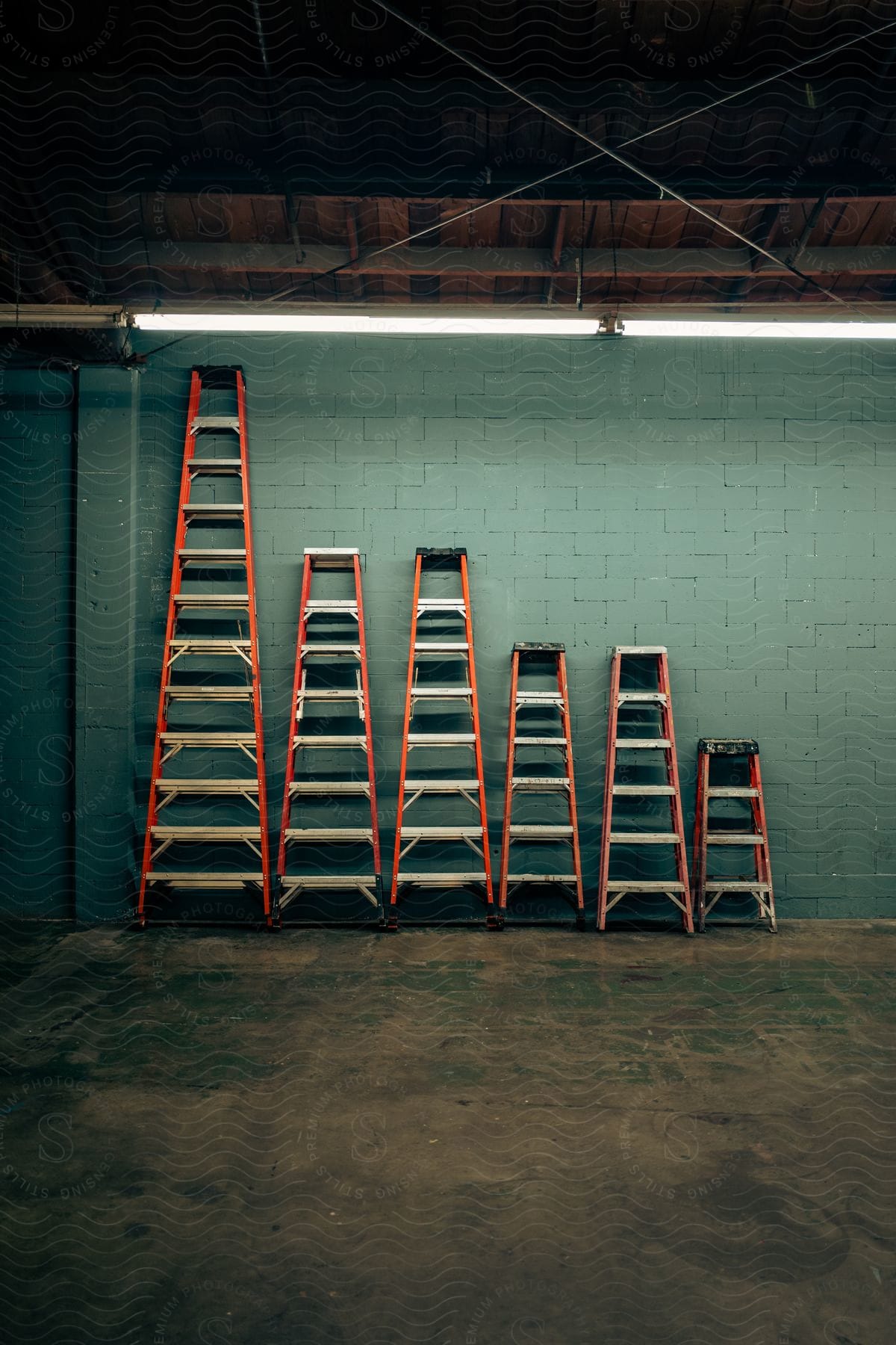 Five orange and silver ladders leaning against a green brick wall