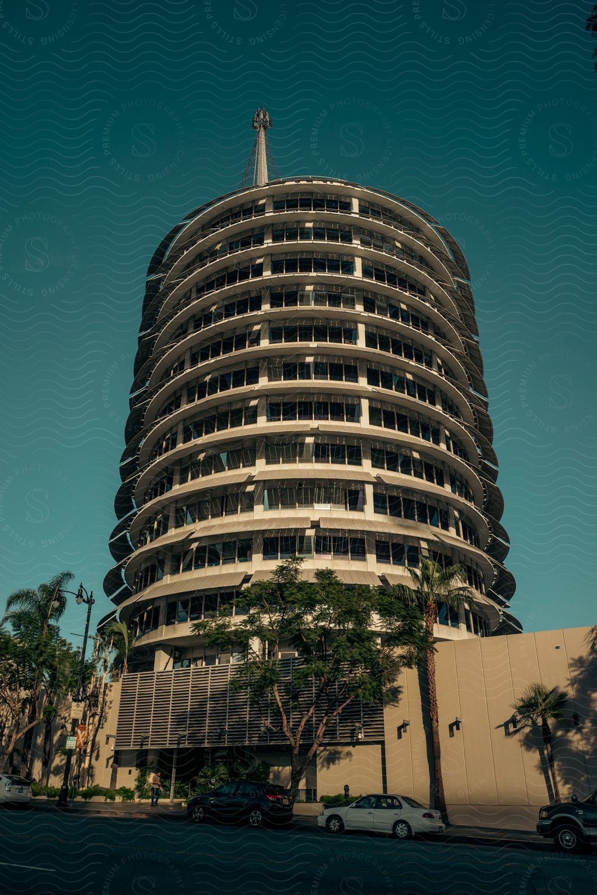 A round skyscraper with trees and cars out front in an urban setting