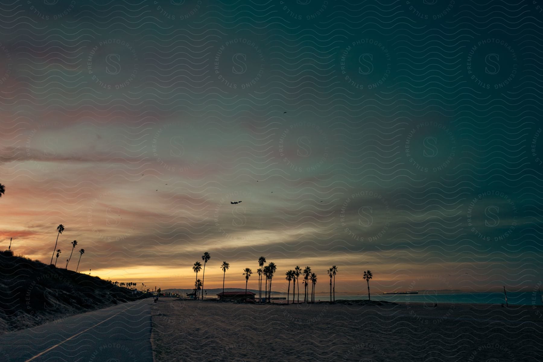 A beach landscape featuring palm trees against an orange sky with a road on the side of a hill