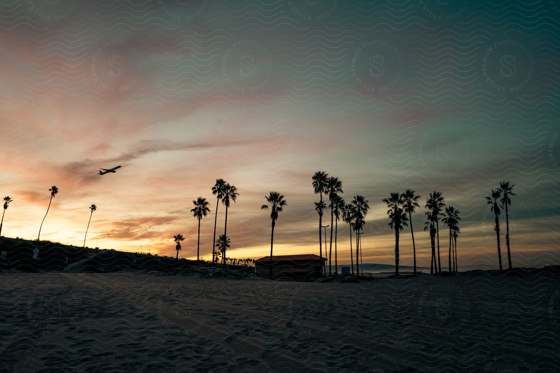 A beach cabin at dusk surrounded by palm trees