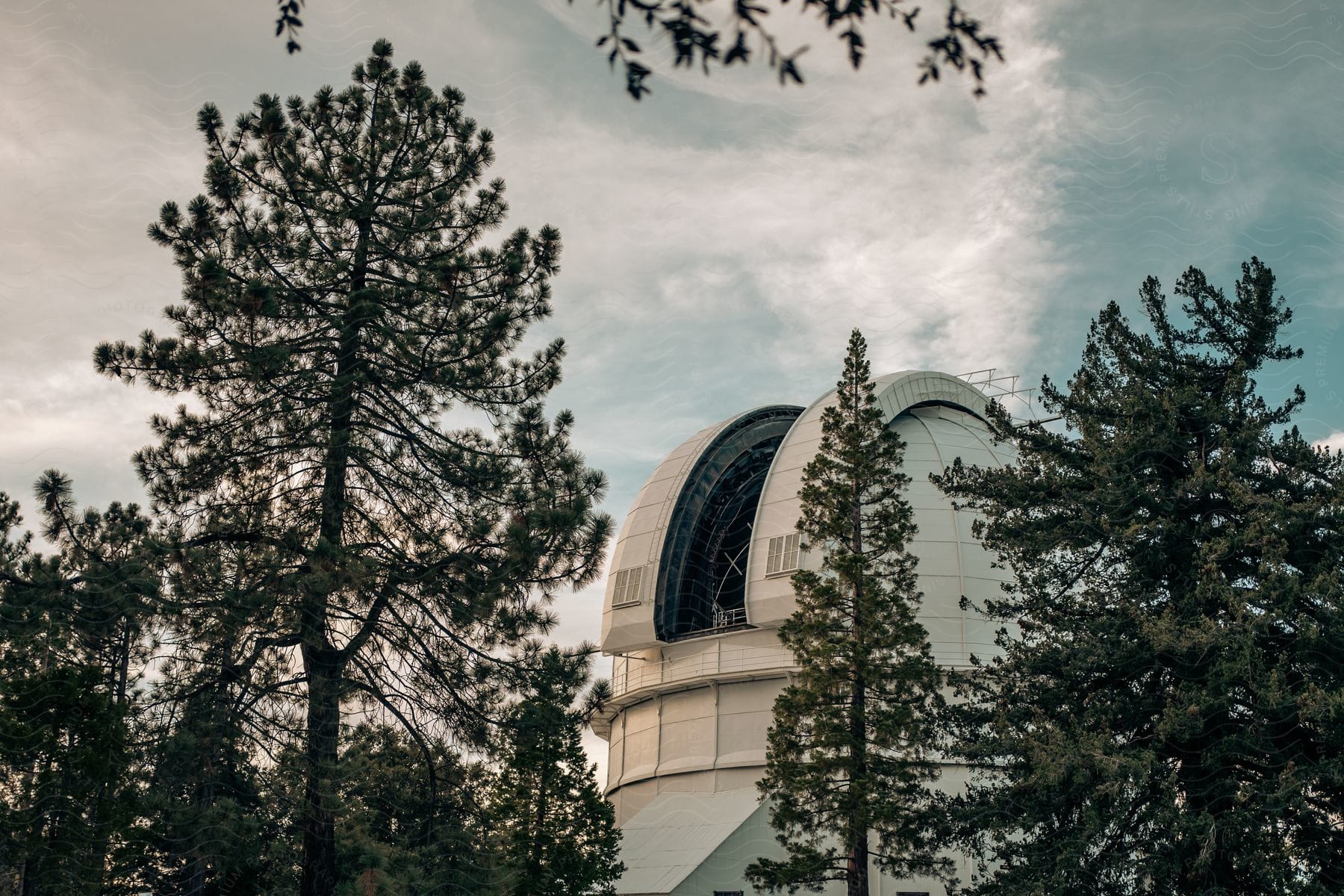 A cloudy sky surrounds an observatory located in between tall trees