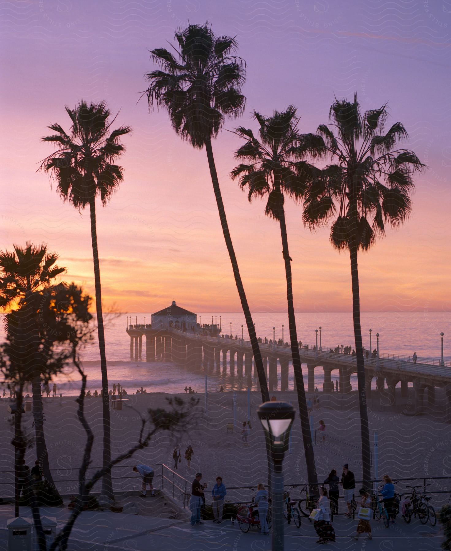 A tranquil beach scene at dusk with a pier and a bicycle