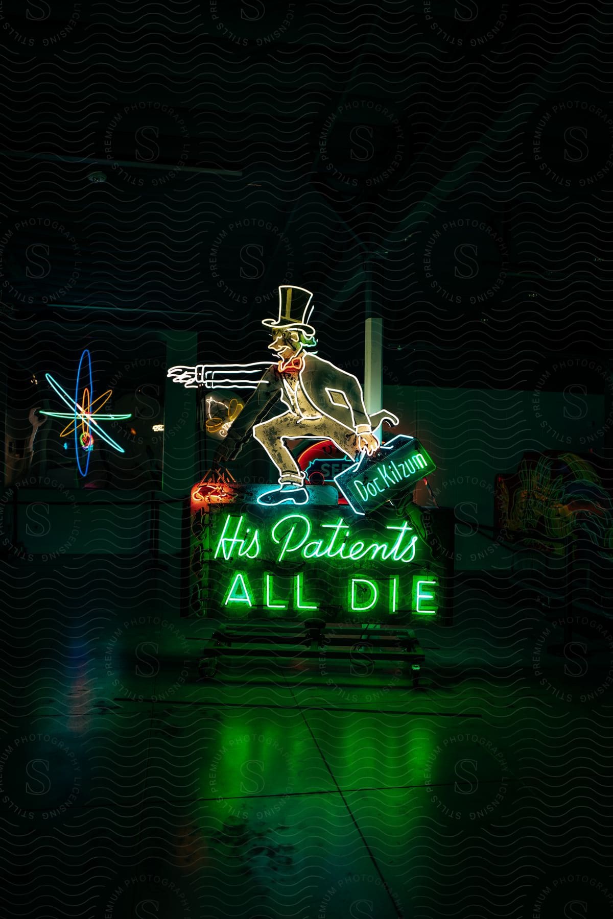 A neon sign featuring a cartoon character of a doctor