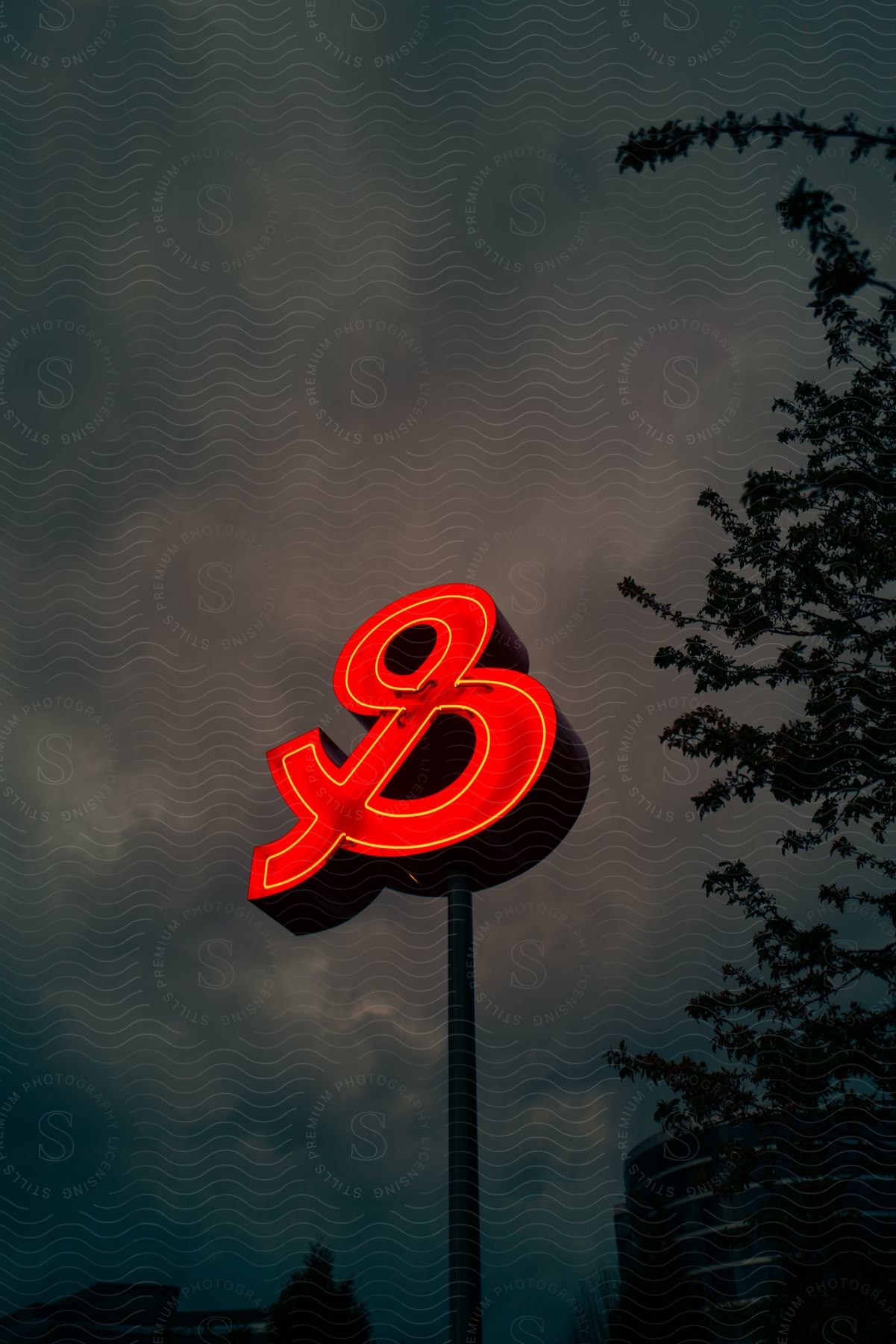 An illuminated neon sign rises high in the darkness