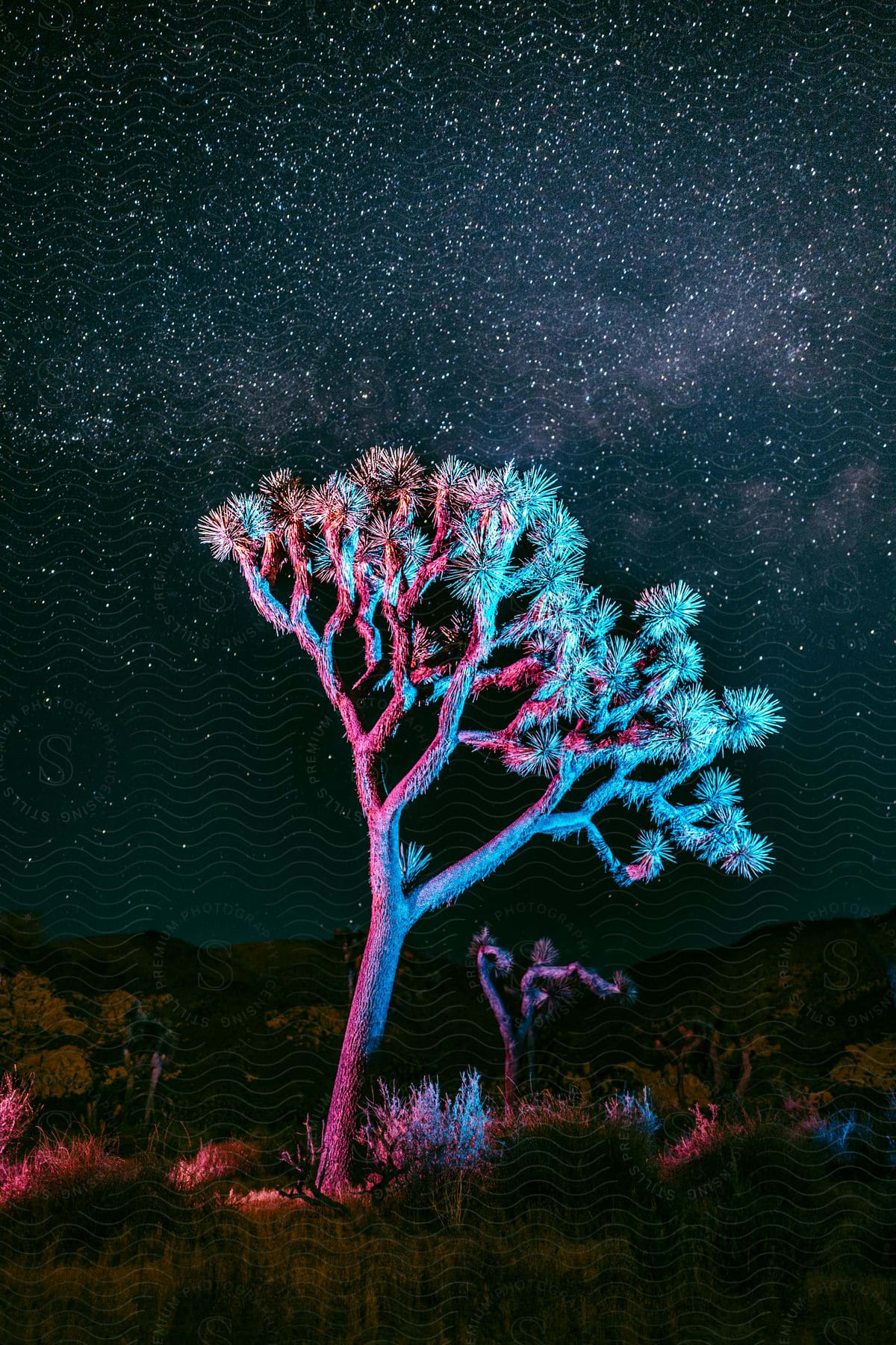 A tree illuminated in blue and red light stands in front of a starry sky in the desert