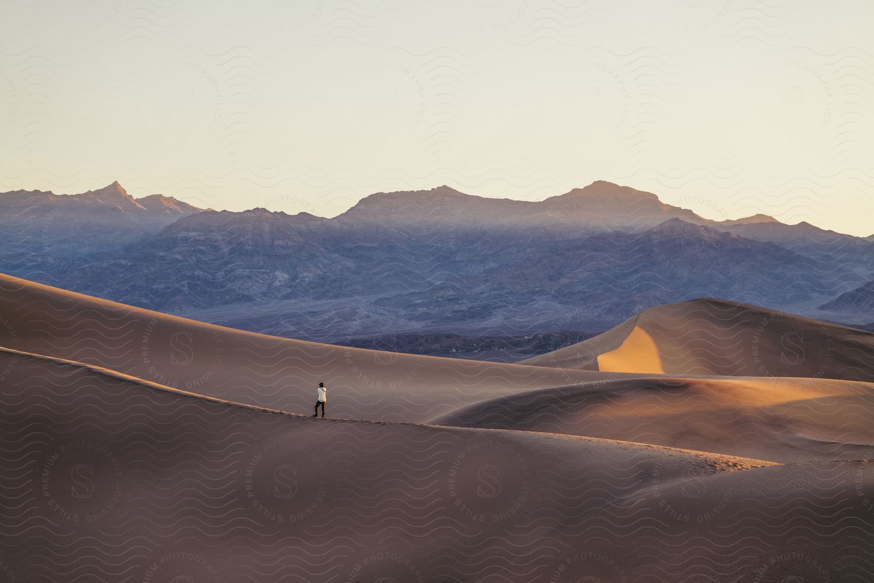 Stock photo of a man stands on a sand dune in the outdoors during the day