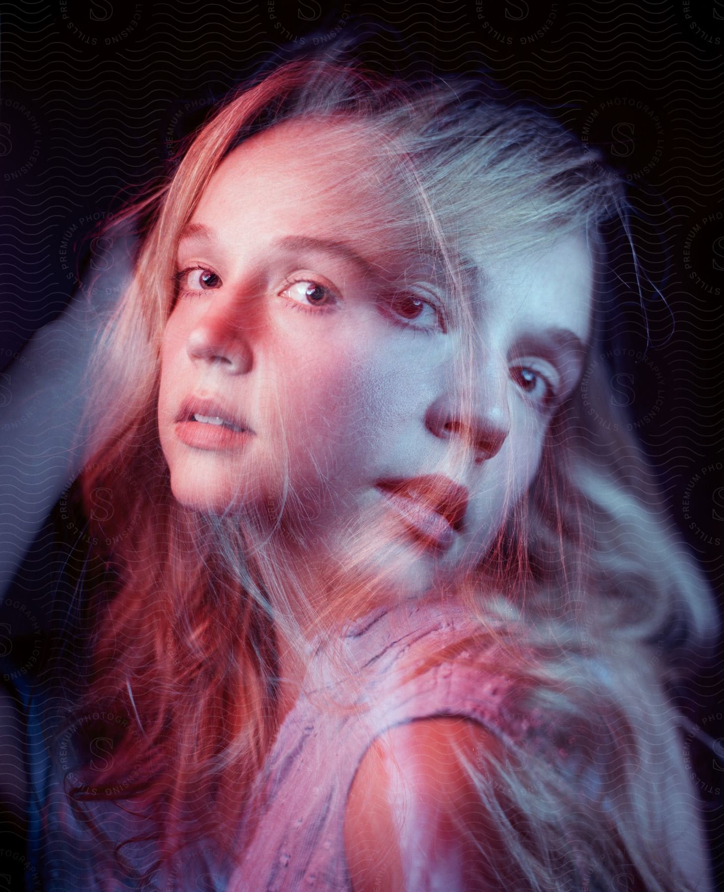 Blonde woman in sleeveless shirt looking at camera