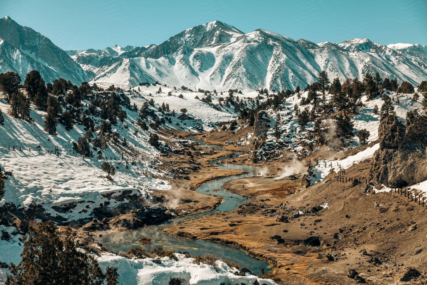 A river flows through a valley surrounded by snowy mountains