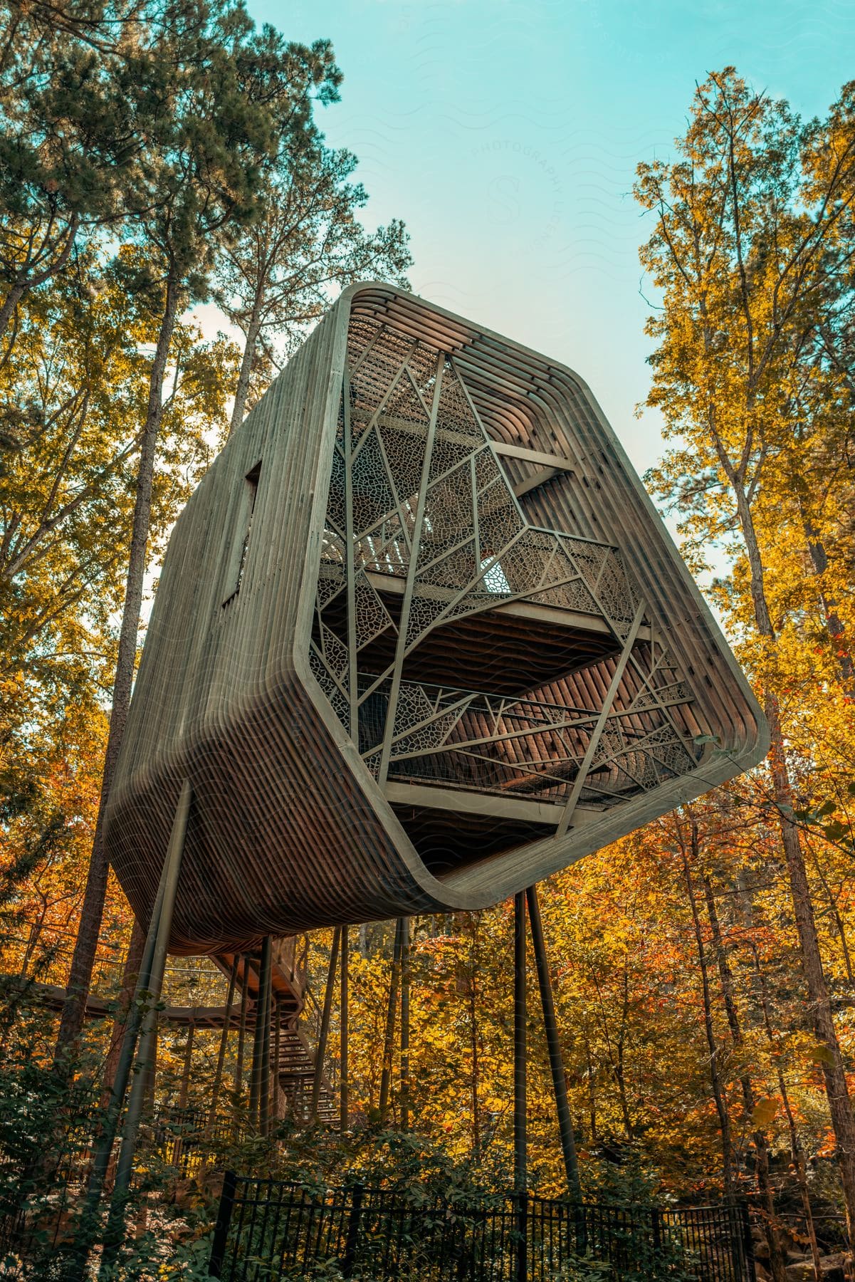 A geometric tree house on stilts with a curved wooden staircase surrounded by yellow leafed trees in the woods on an autumn afternoon