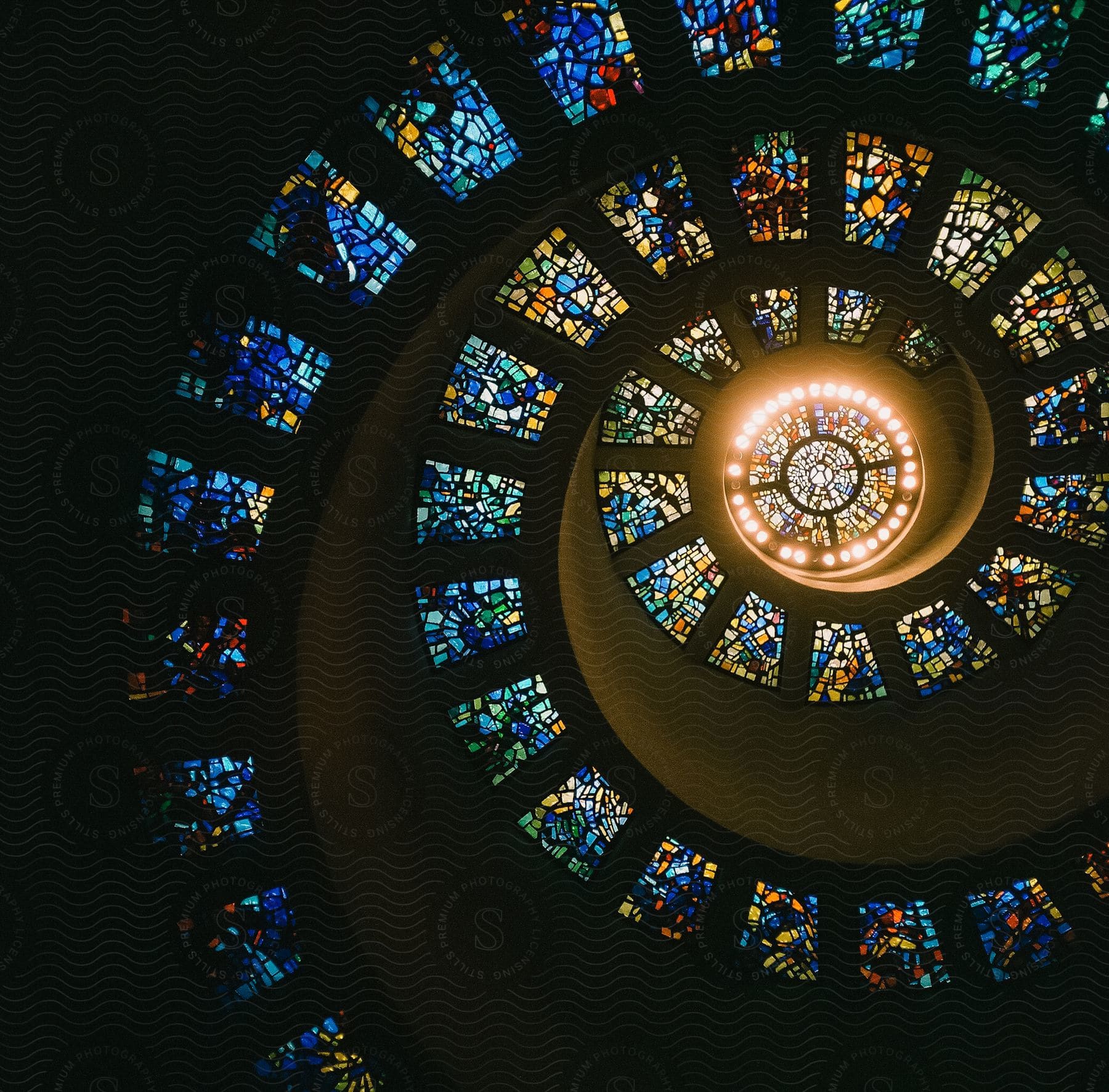 Stained glass windows on a spiral rooftop