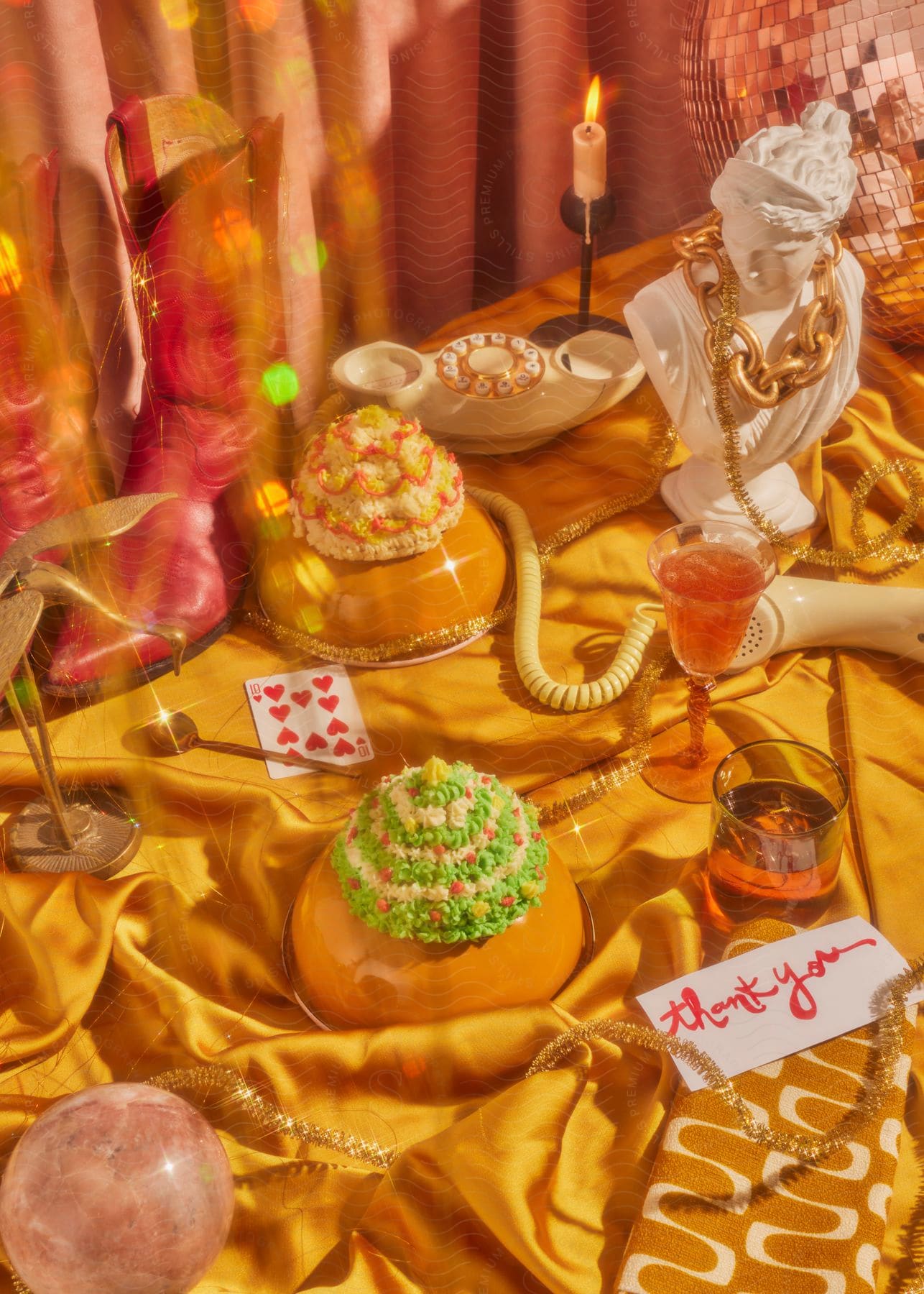 A stilllife picture of pastries drinks and knick knacks on a gold tablecloth