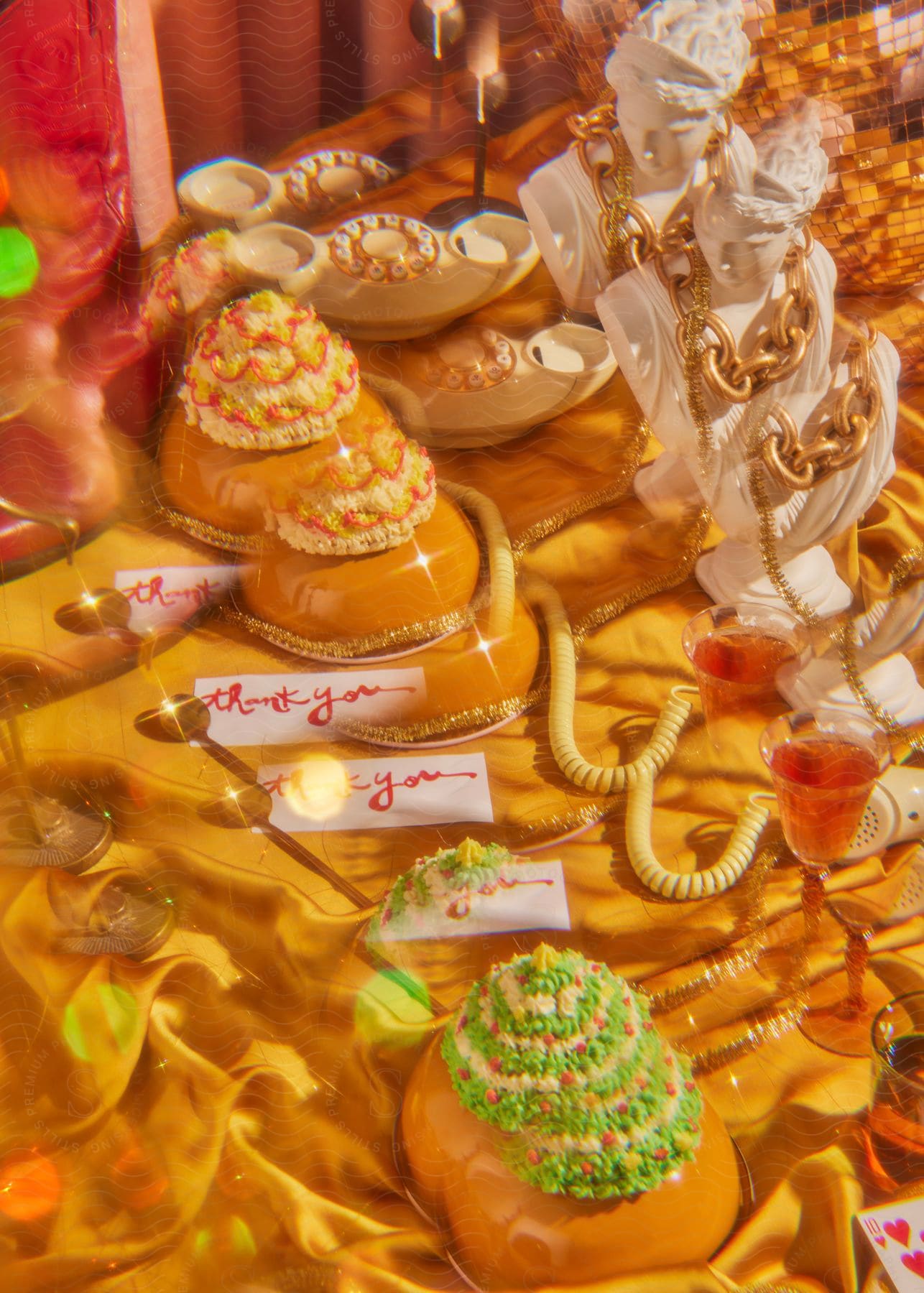 Multiple superimposed images of pastries statues cards and drinks on a table