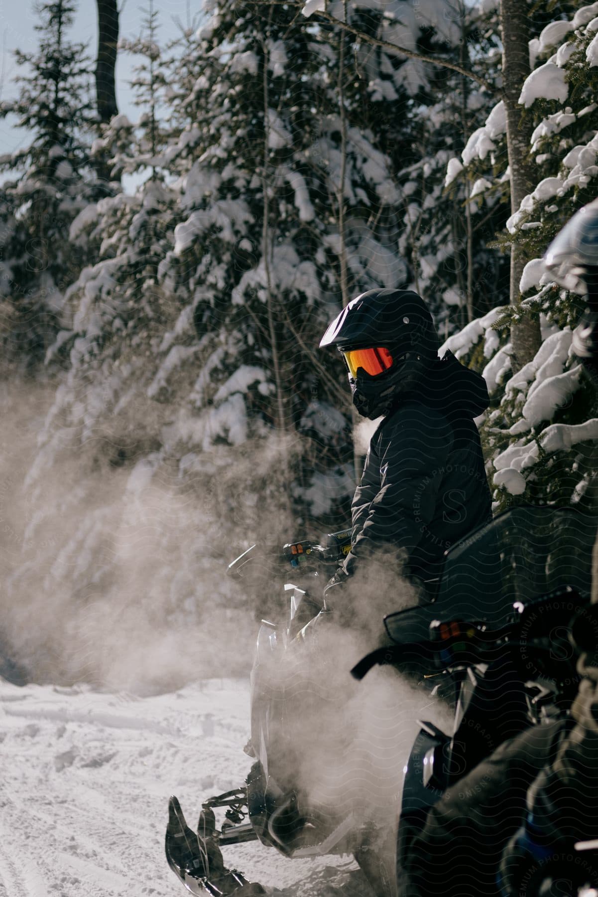 A man posing in a snowcovered forest while sitting in a motor vehicle