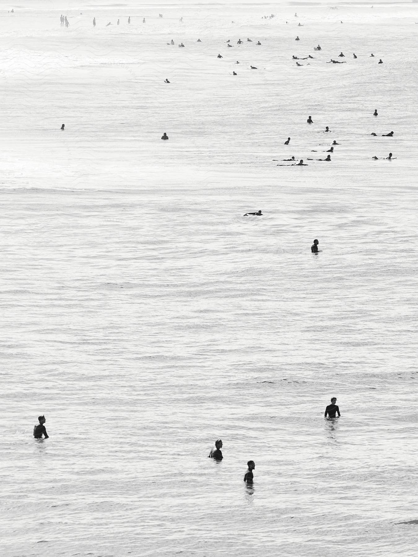 People swimming and wading in the ocean near the shoreline