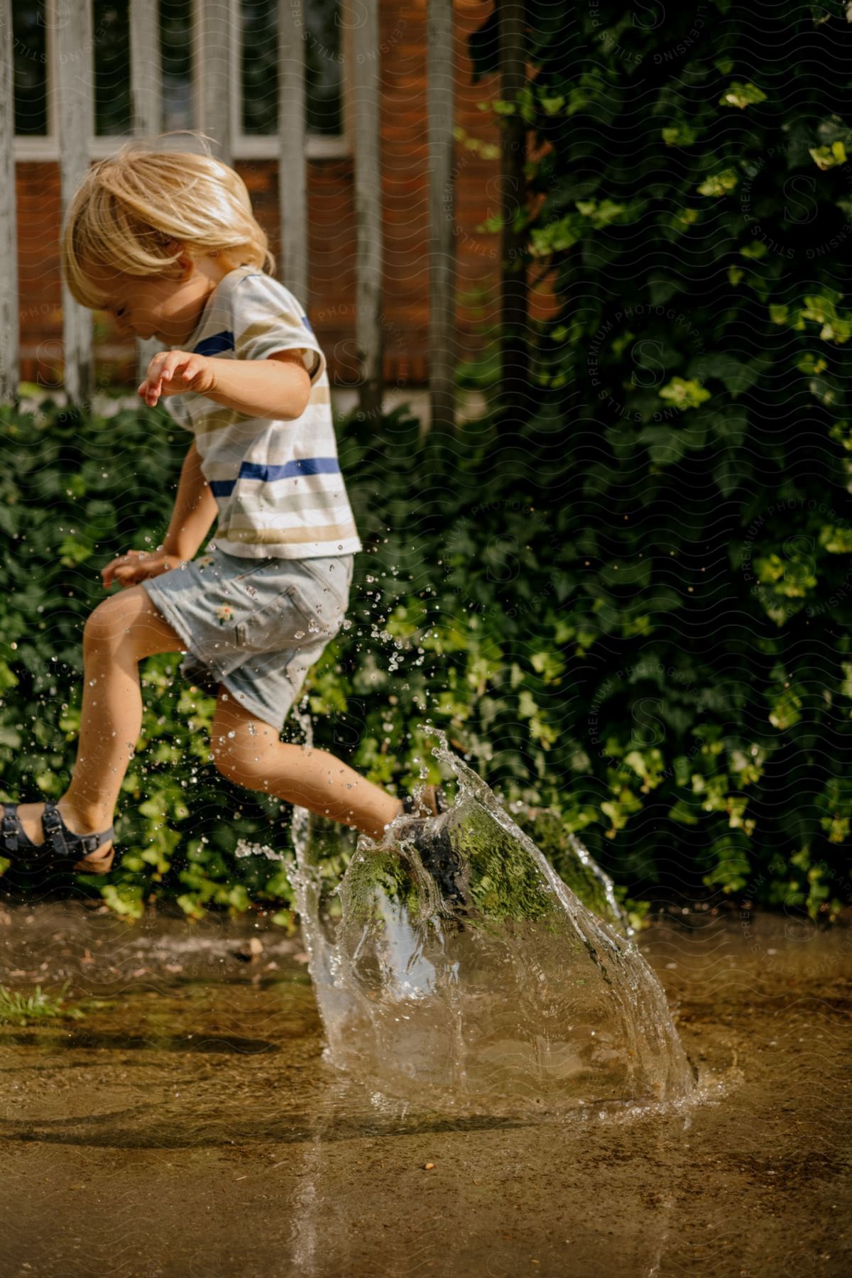 Blonde boy with t shirt shorts and sandals jumps in the puddle on the street