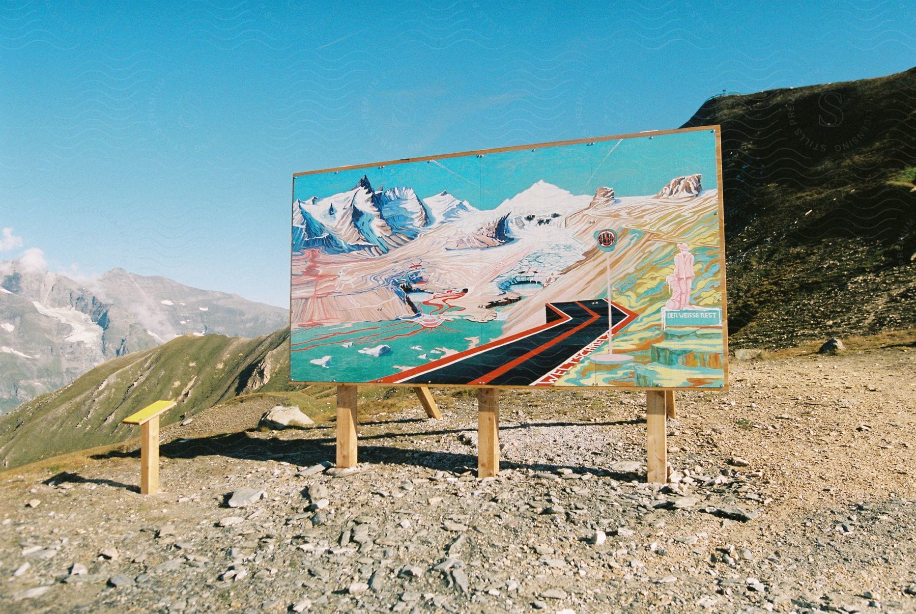 Colorful billboard of a road scene perched along a hillside in austria