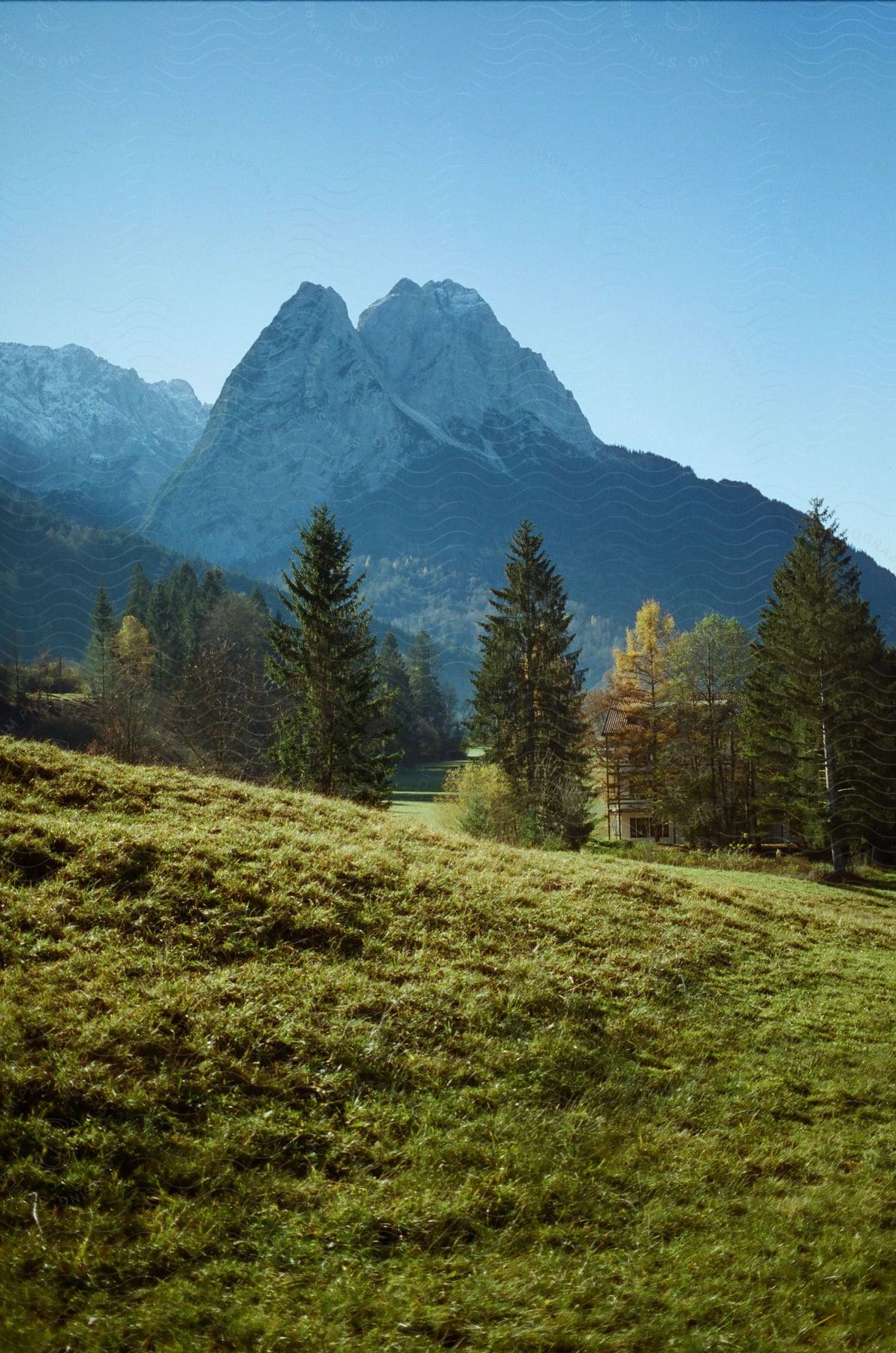 Rural landscape with wooden house nestled among forest and mountains