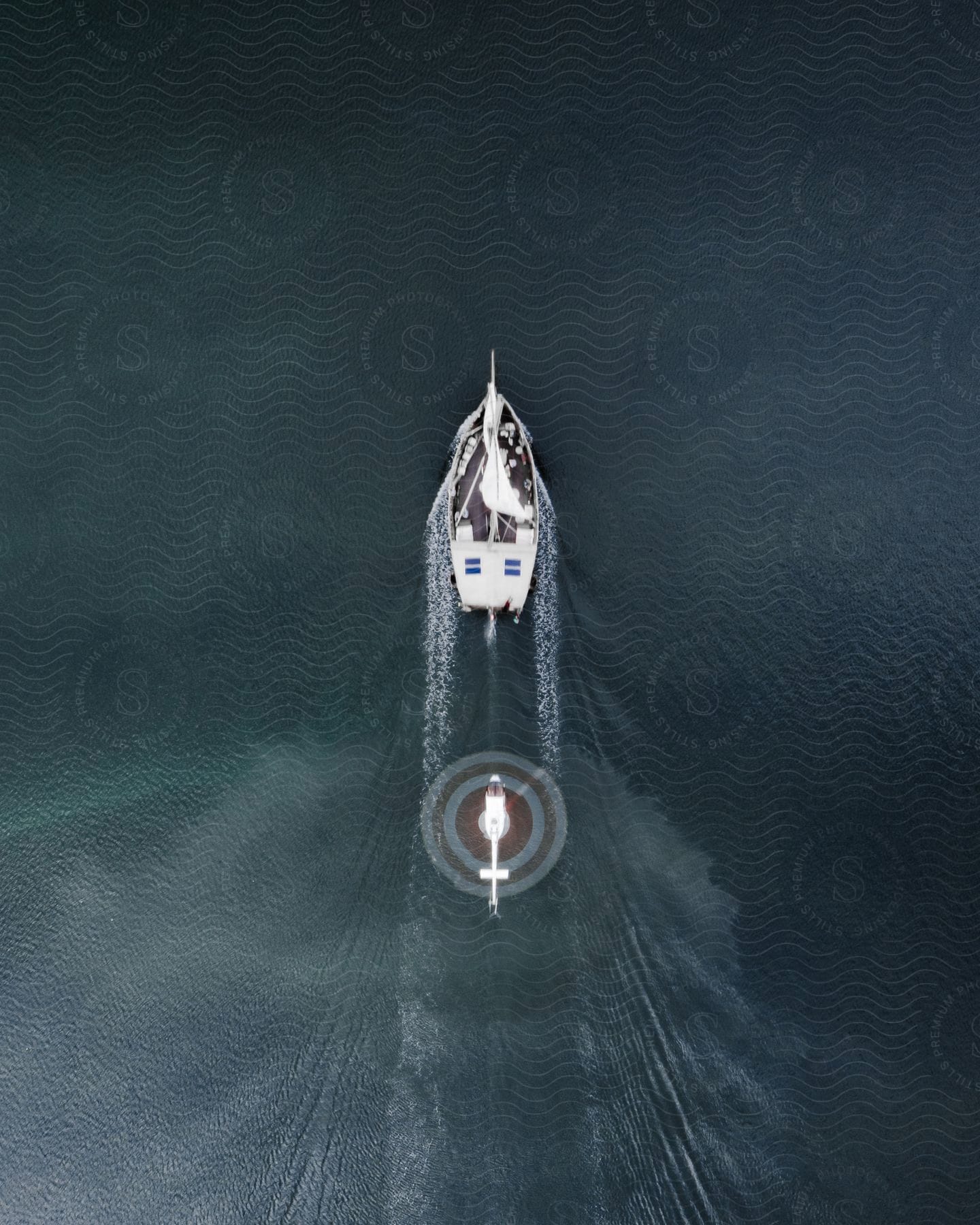 Aerial shot of a helicopter trailing a sailboat on the ocean