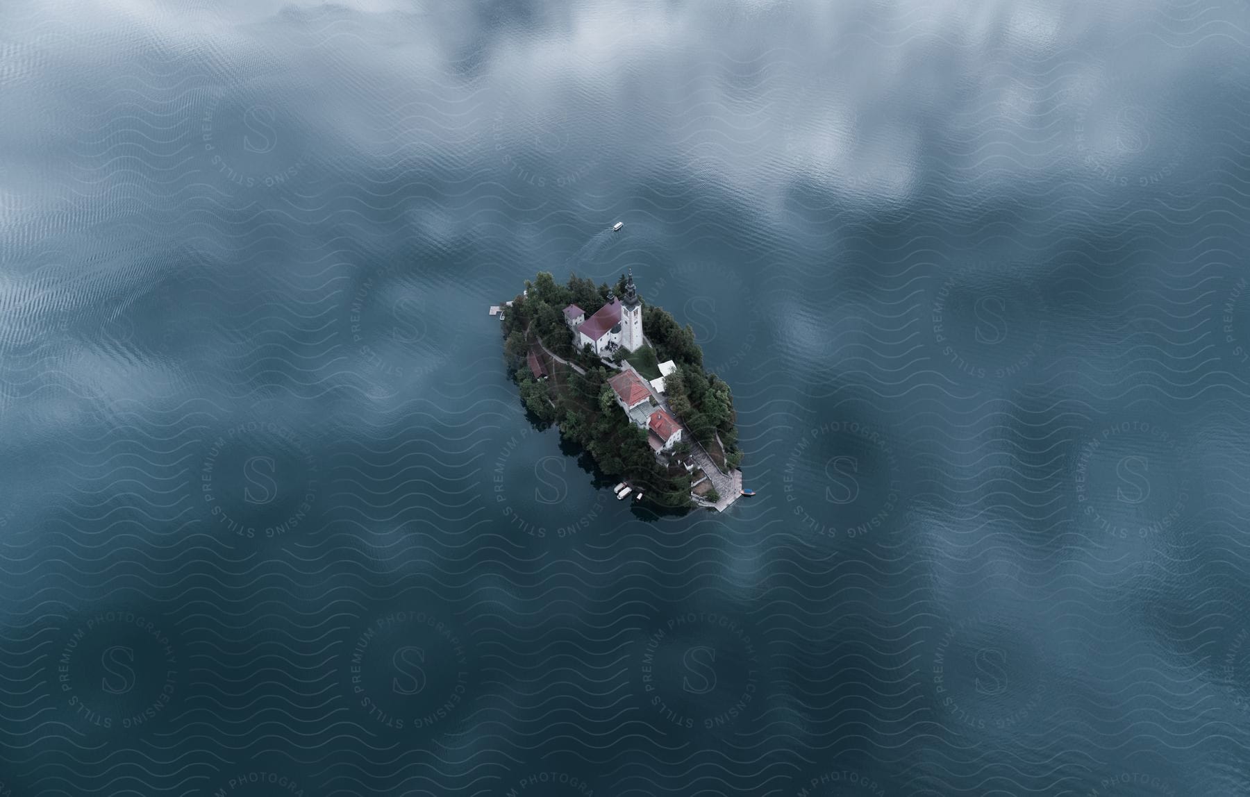 A small island village surrounded by water