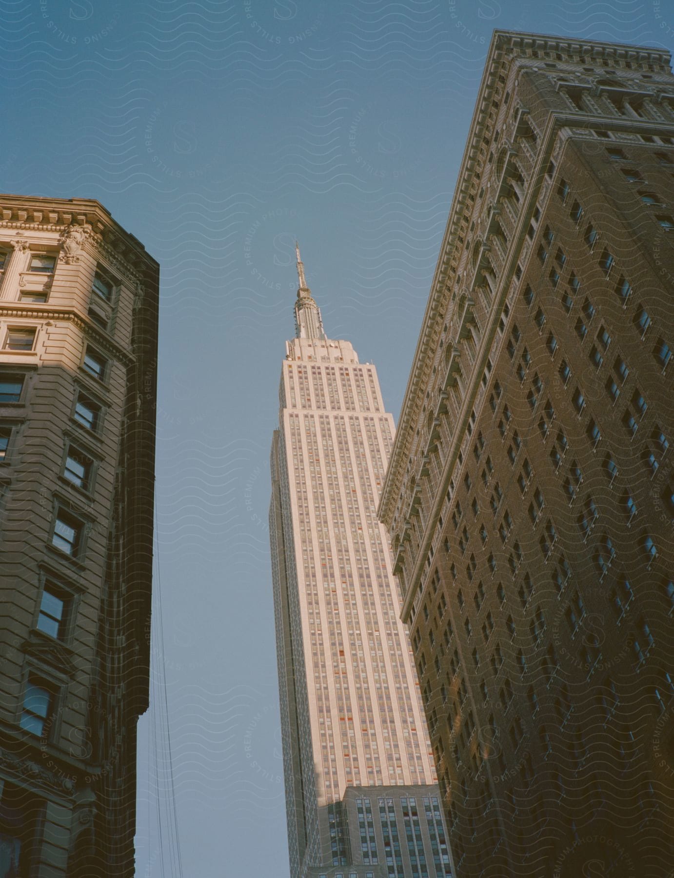 Tall city buildings with shadows cast by sunlight seen from the bottom up in new york