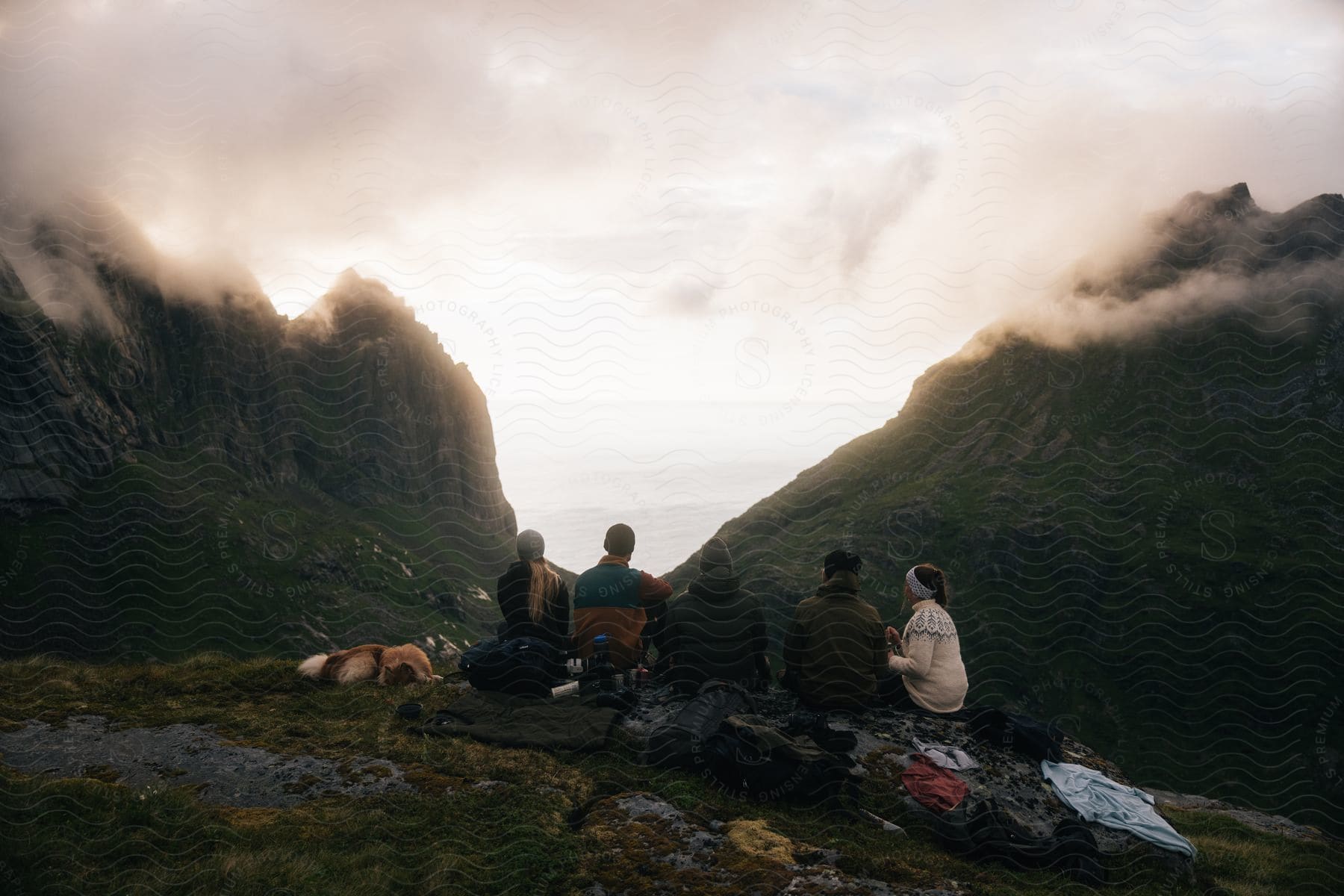 A small group of people and a dog hiking in the mountains of norway during the summer