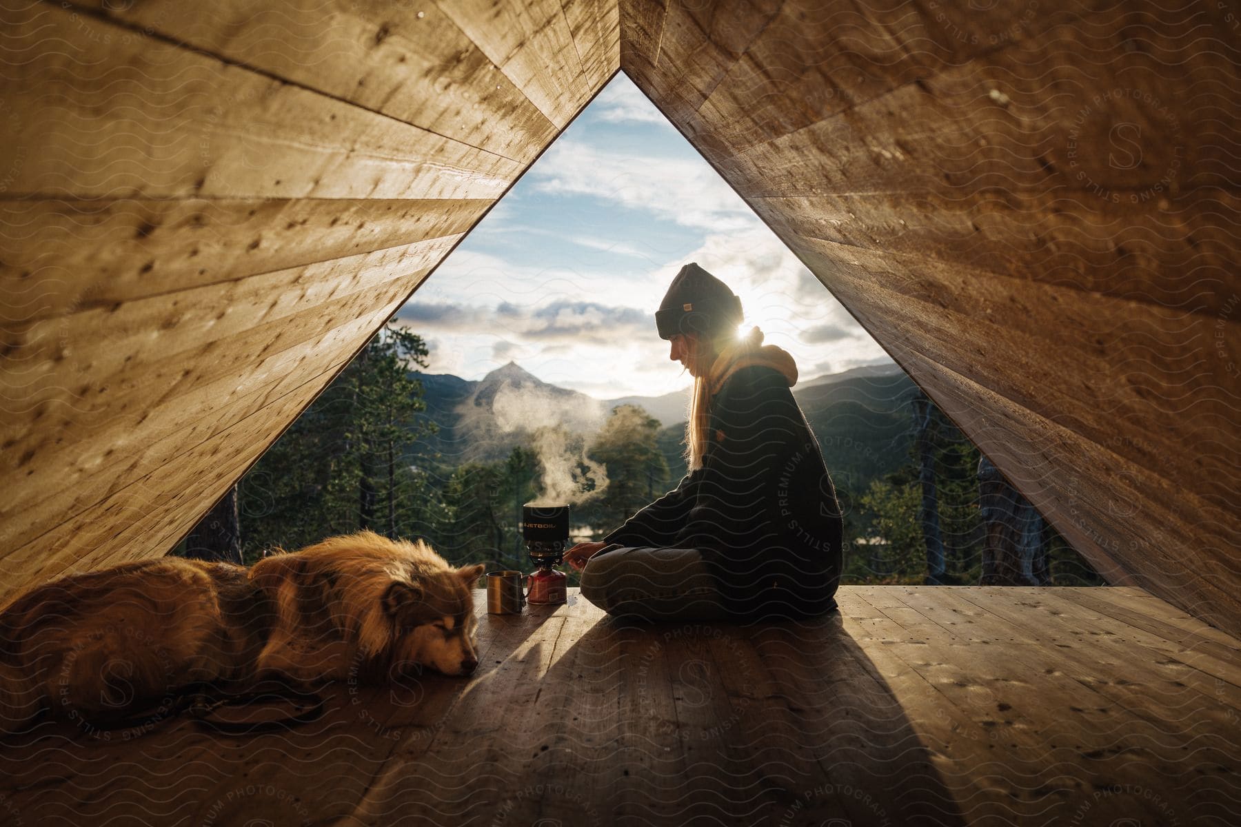 A woman camping with her pet dog sitting in a tent
