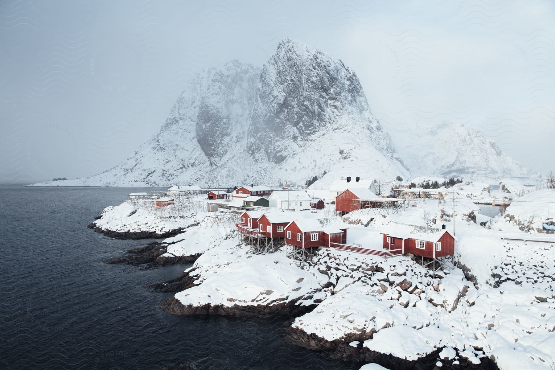 Aerial shot of a small fishing village in nordland county norway