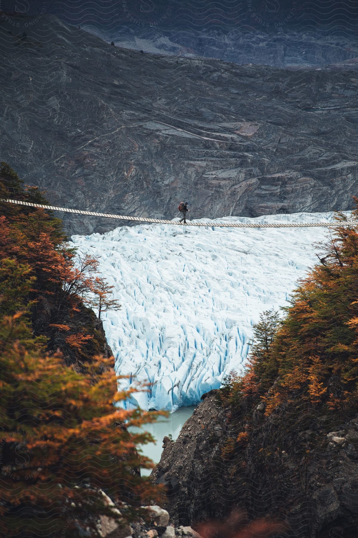 A person crossing a bridge in a mountainous wilderness
