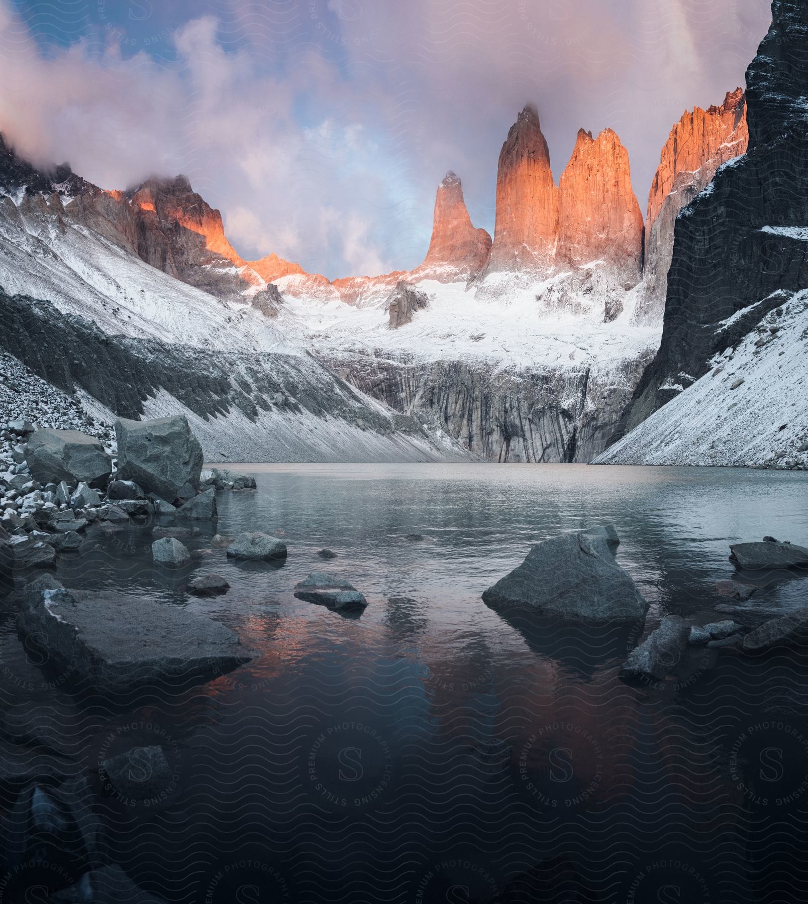 A serene mountain landscape with a lake and glacier in patagonia