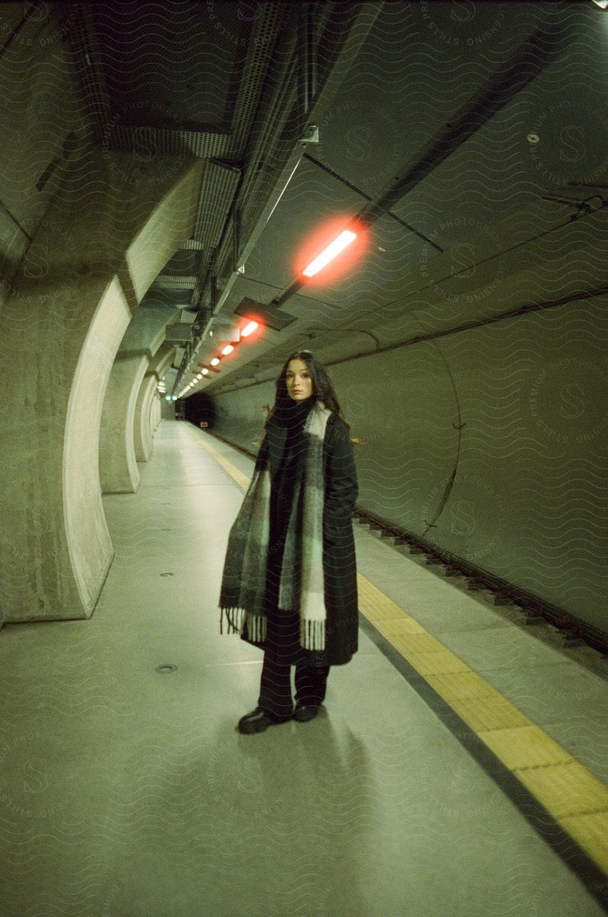 Woman standing on subway platform with lights overhead posing for camera