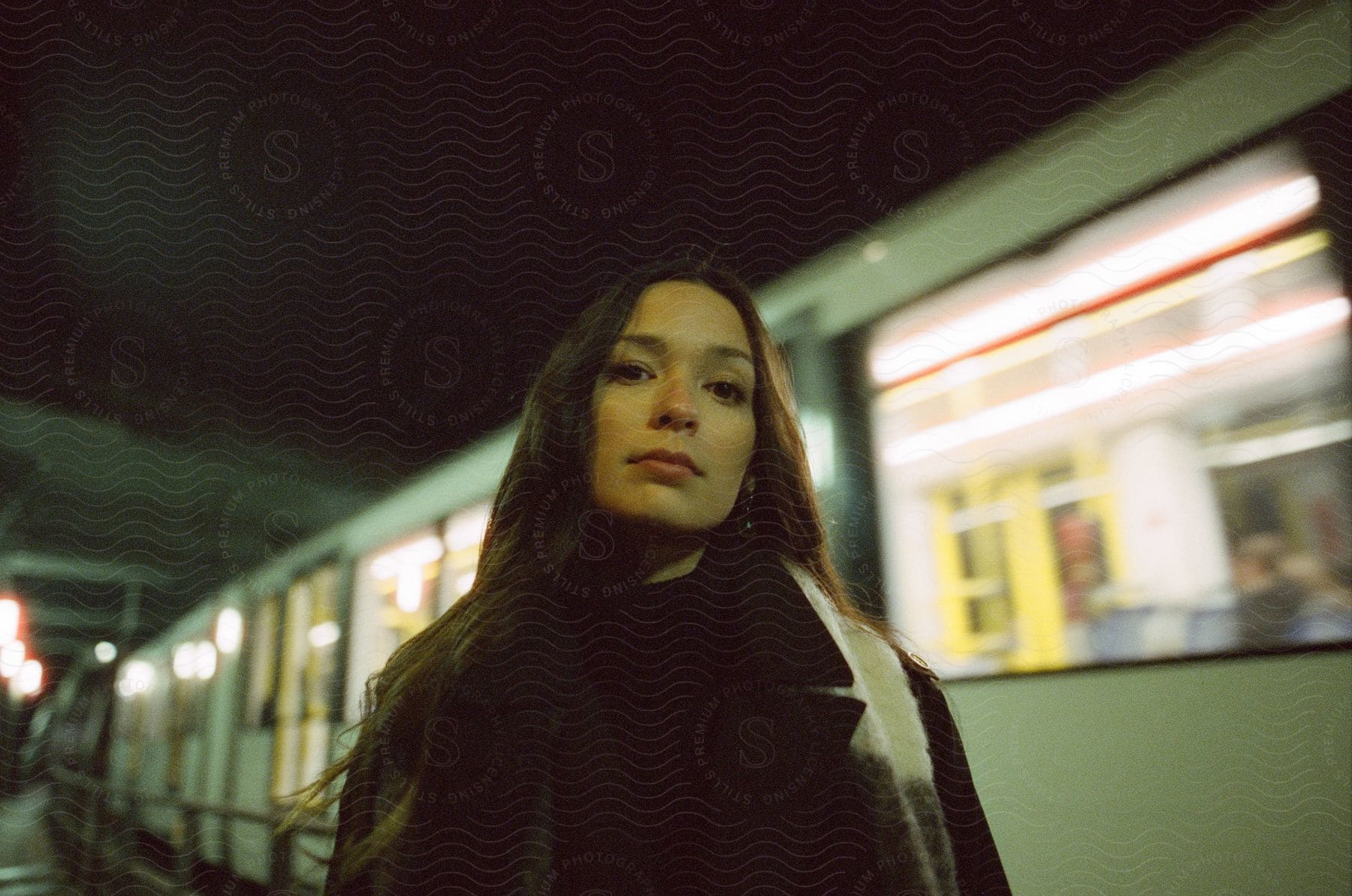 Woman standing in front of a moving subway train at a subway station