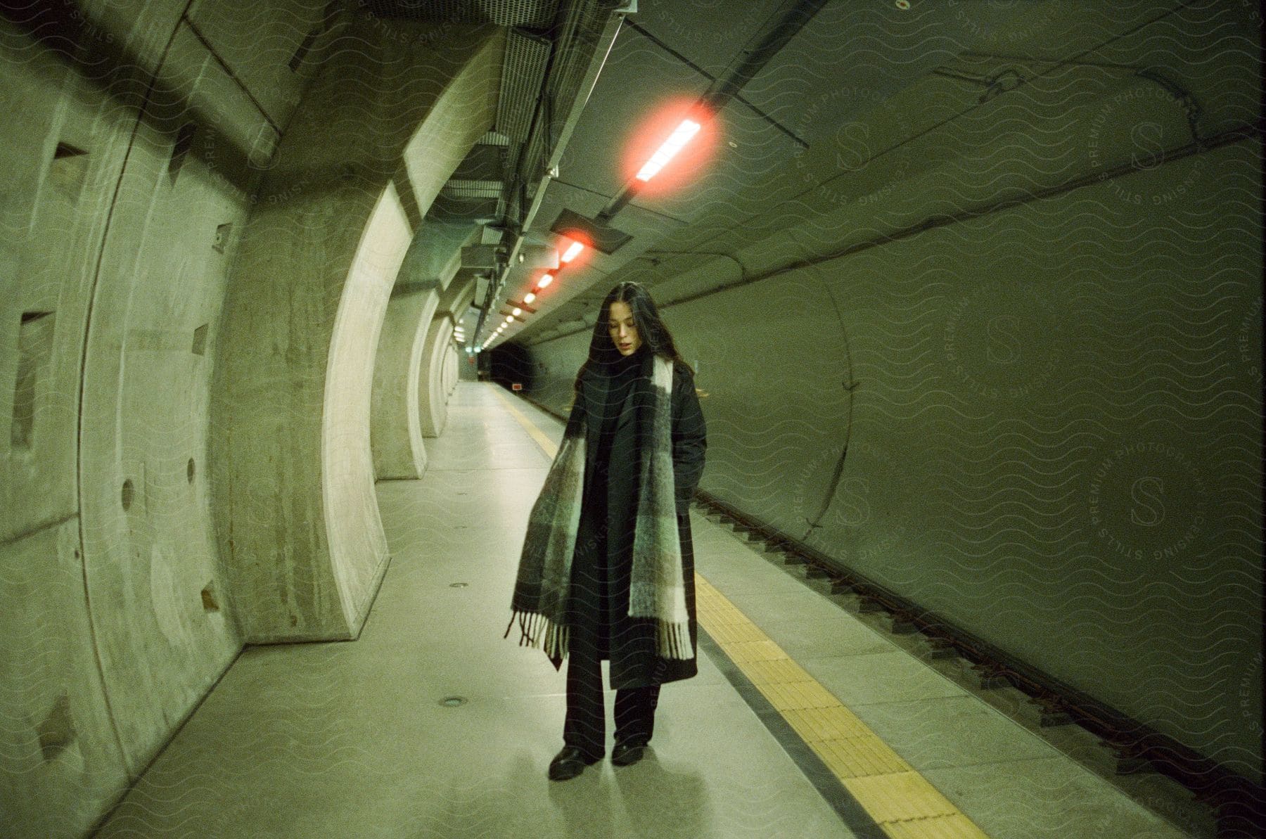 A woman standing in a train station at night
