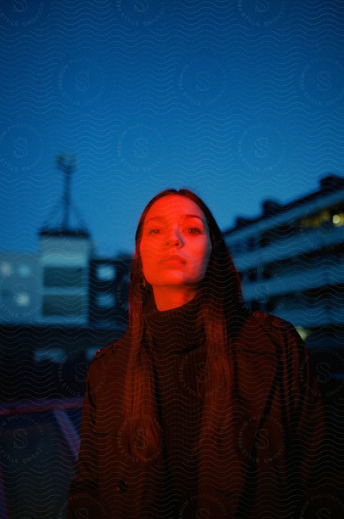 Darkhaired woman posing outdoors on top of a building at night time